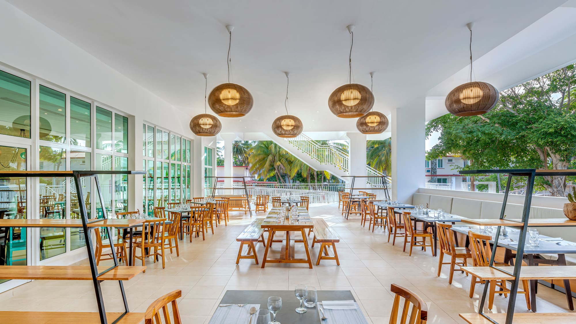 a room with tables and chairs