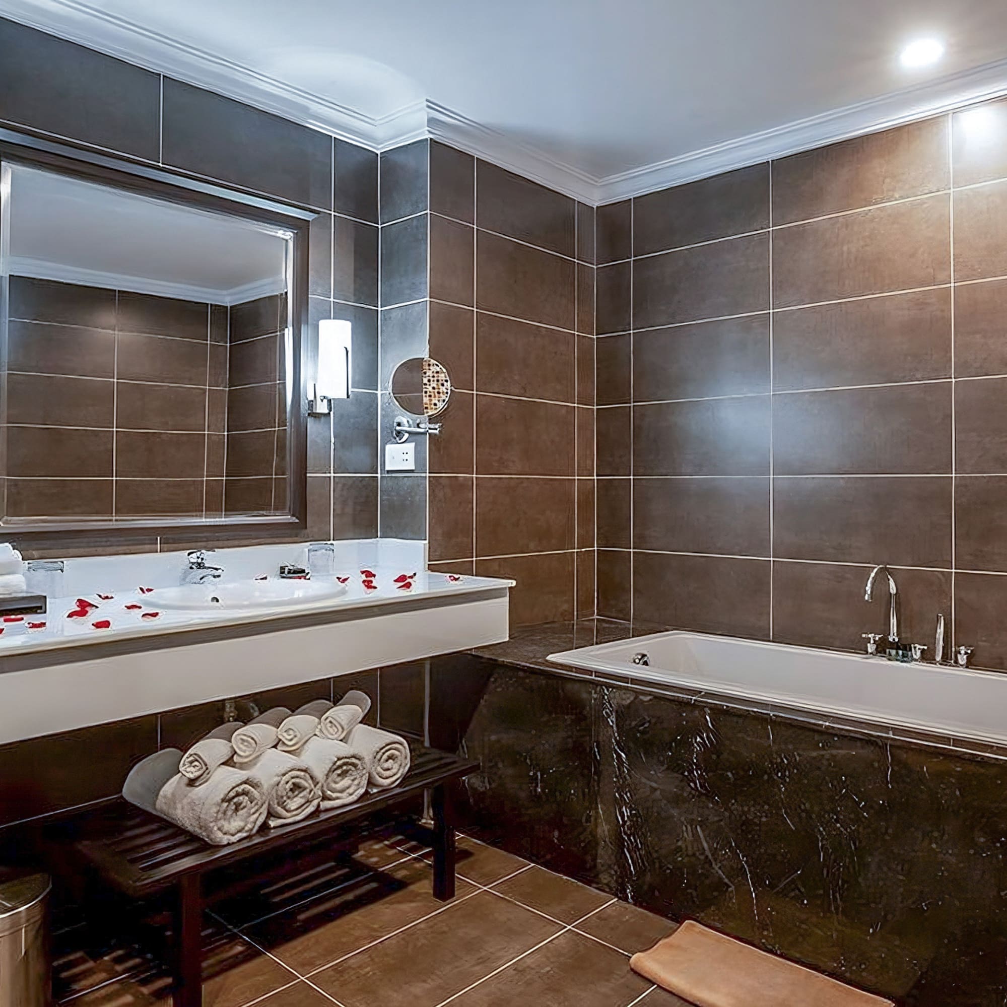 a bathroom with a bathtub and a mirror