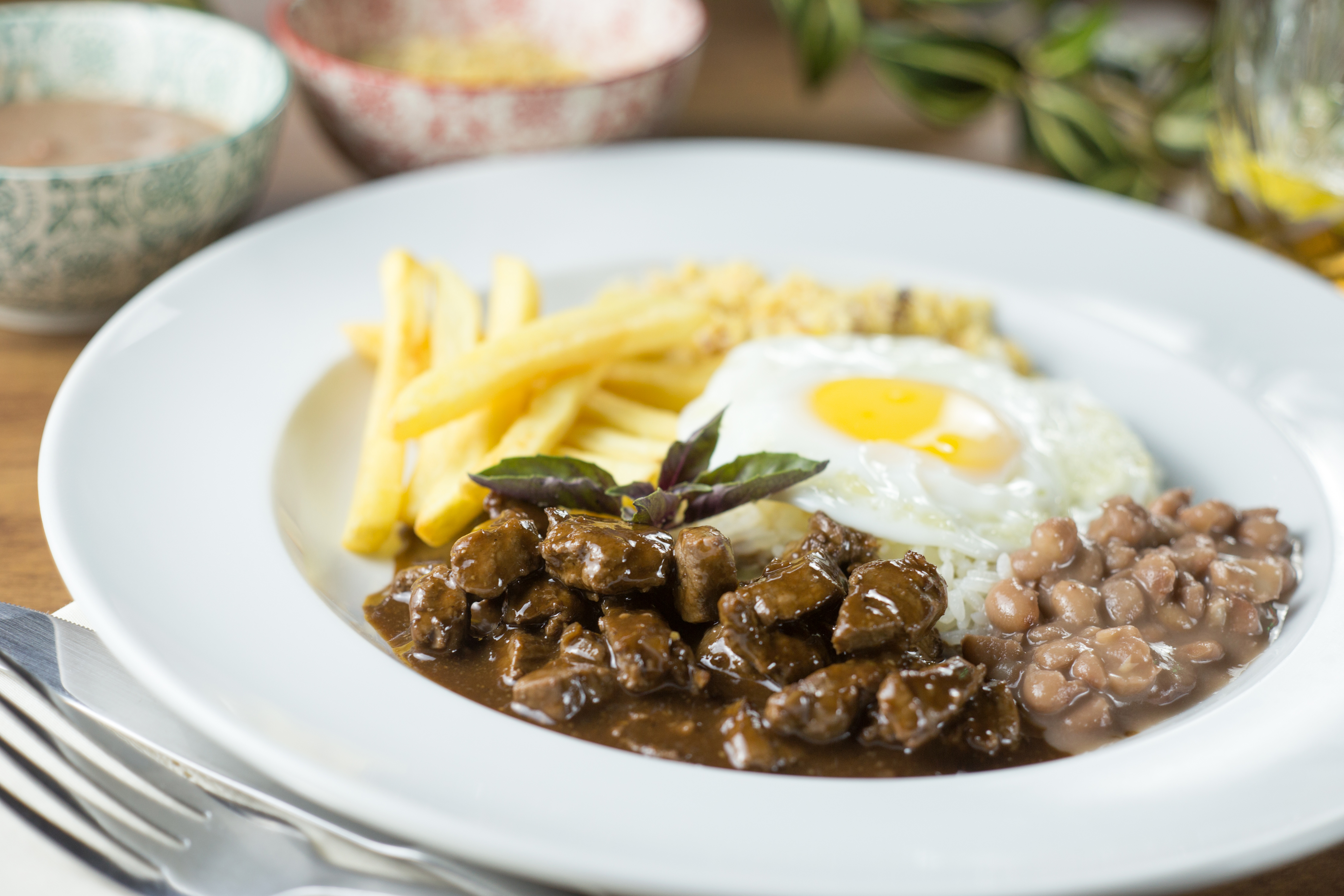Traditional Brazilian meal with beef stew, beans, rice, fried egg, and fries.