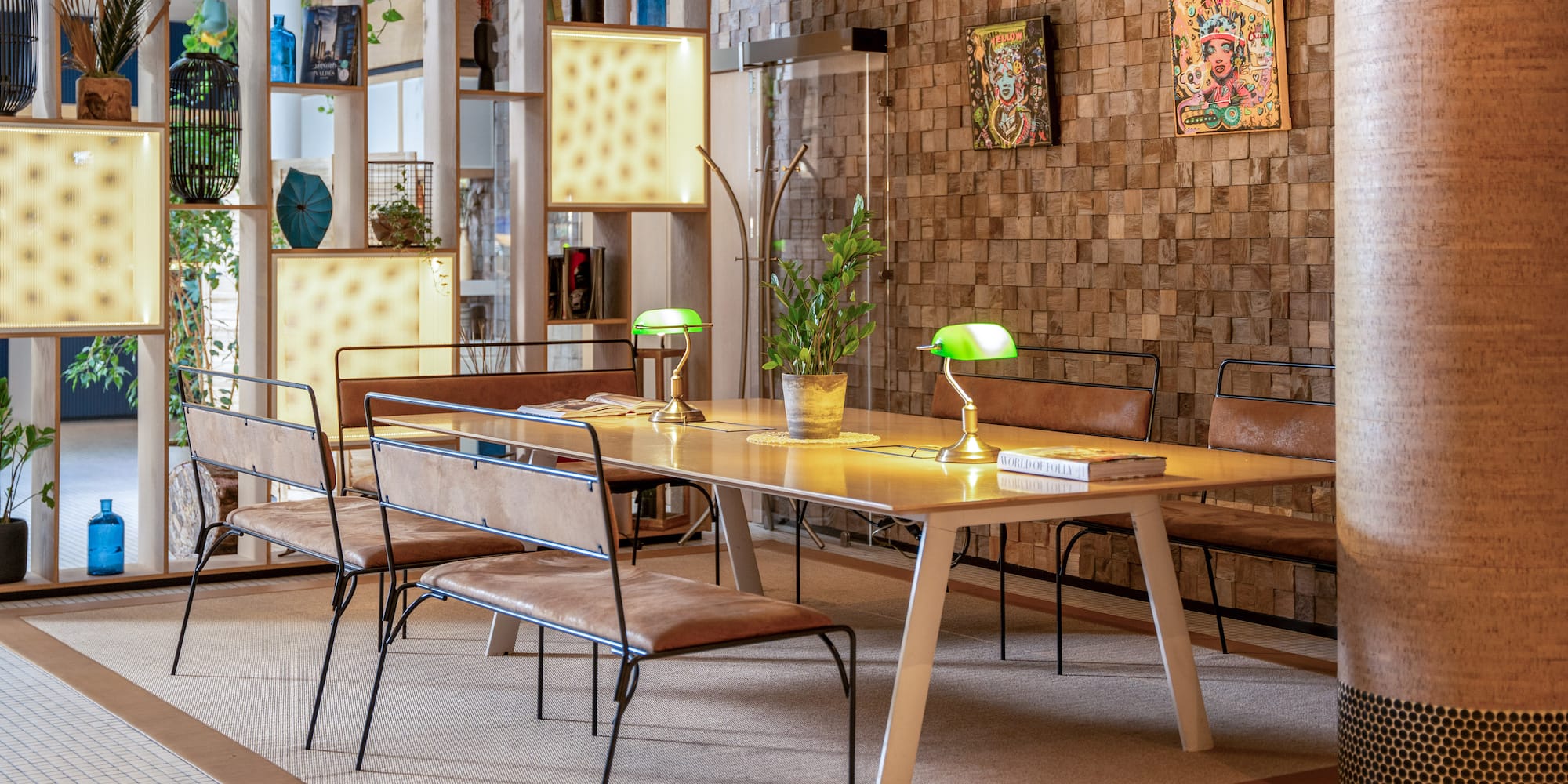 a room with a table and chairs