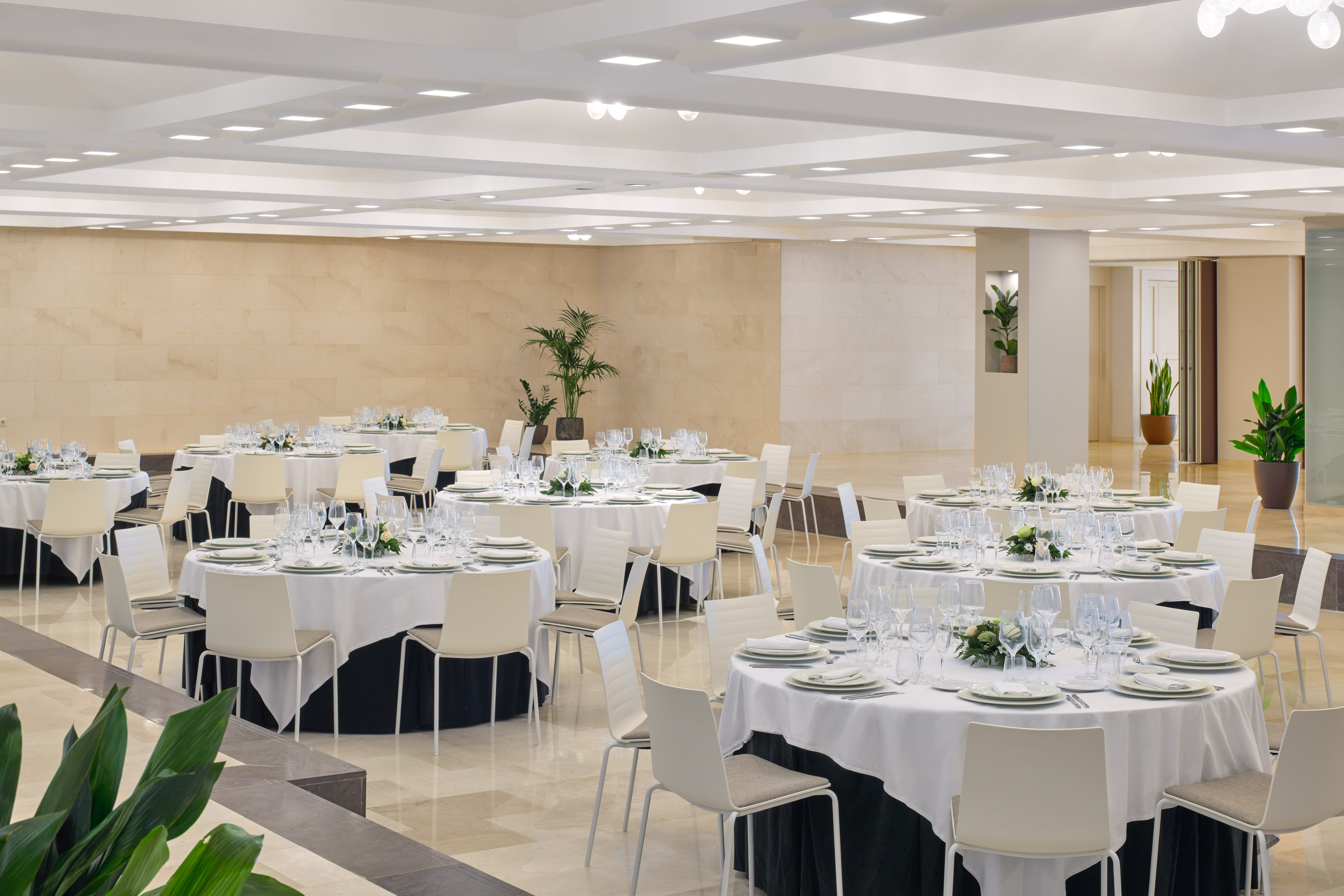 Elegant banquet hall with round tables, white chairs, and place settings.