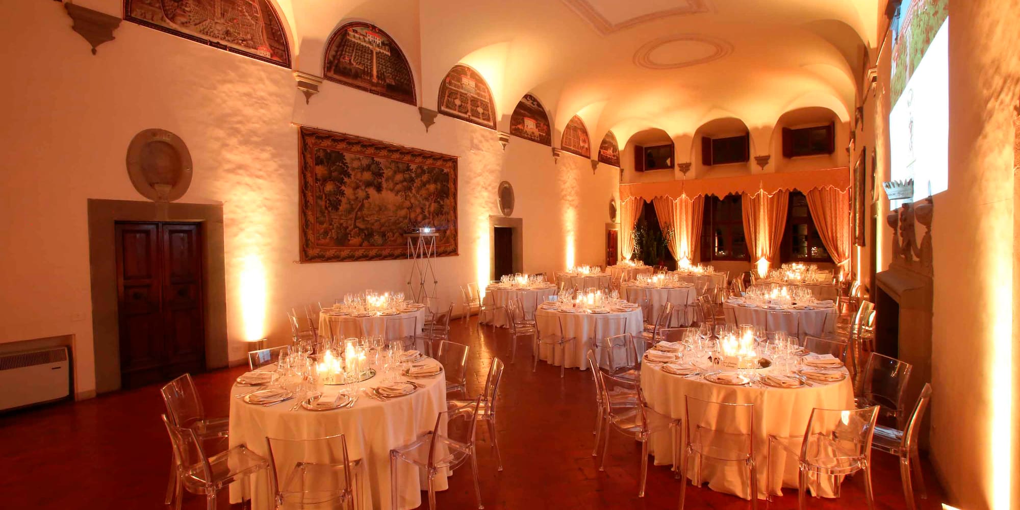 a room with tables and chairs