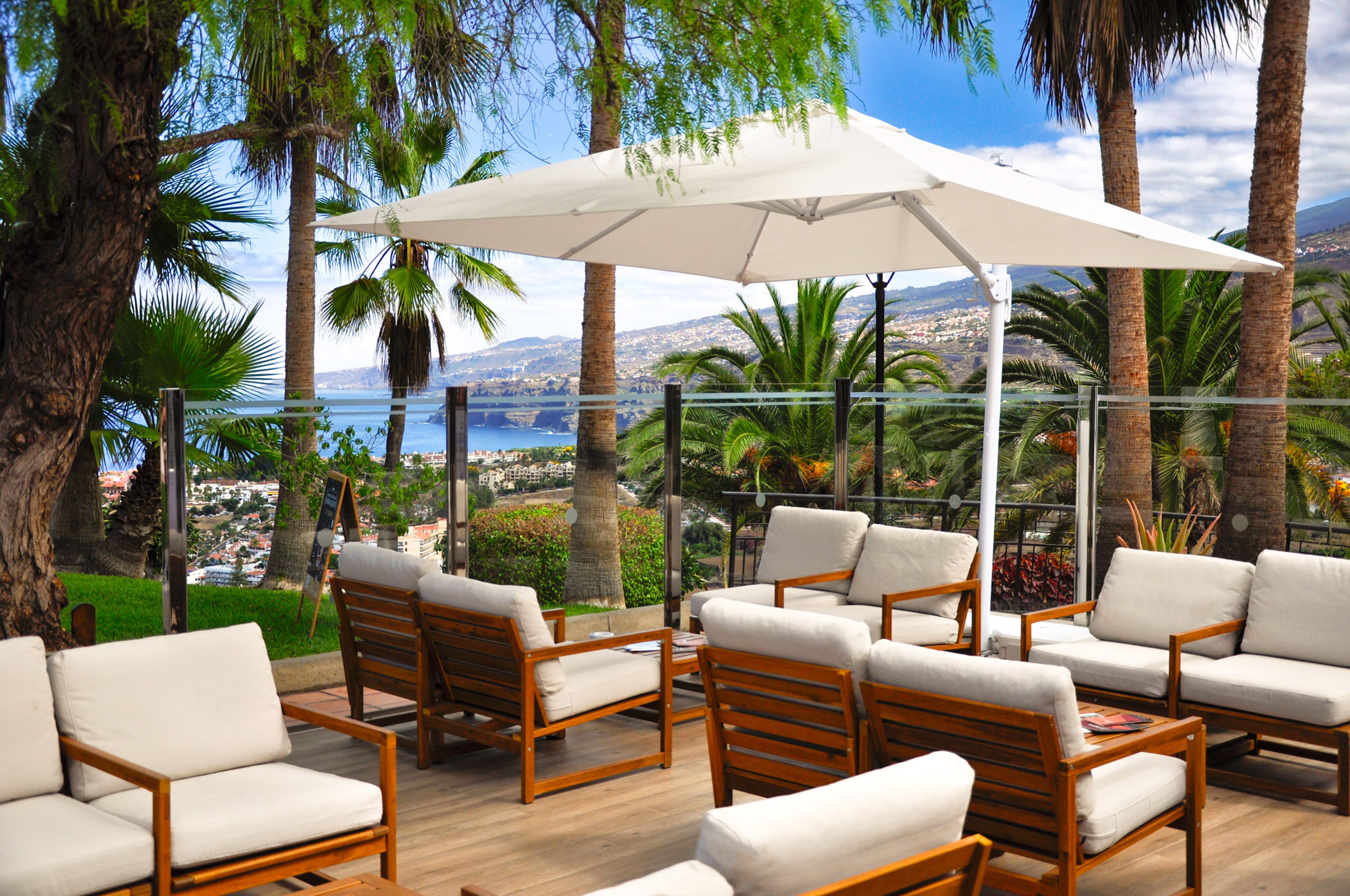 Tropical outdoor lounge with ocean view, palm trees, and comfortable patio seating.