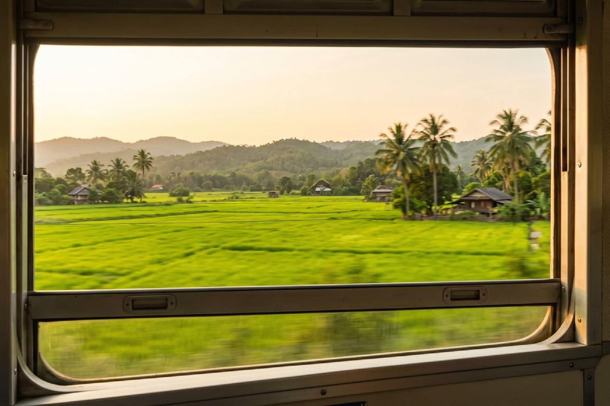 Train view: rural green rice paddies, palm trees, houses, and distant mountains.