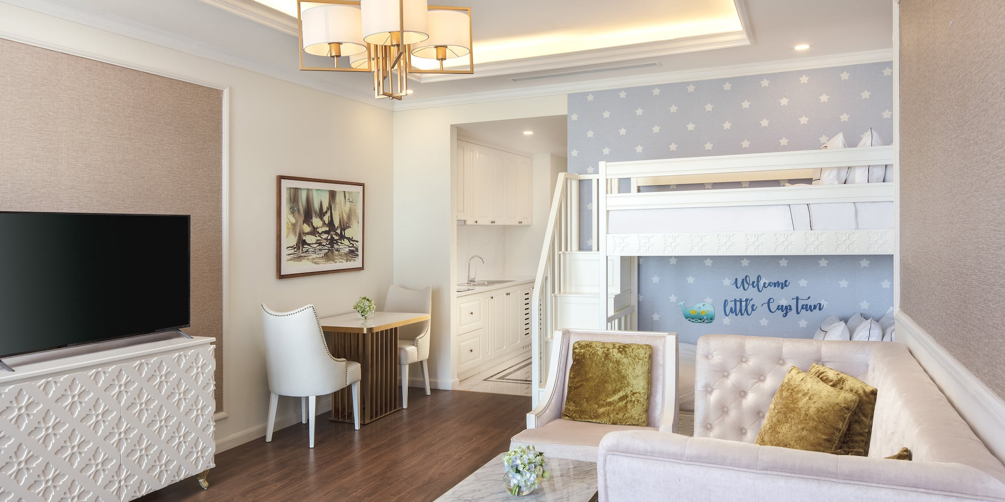 a room with a bunk bed and a tv