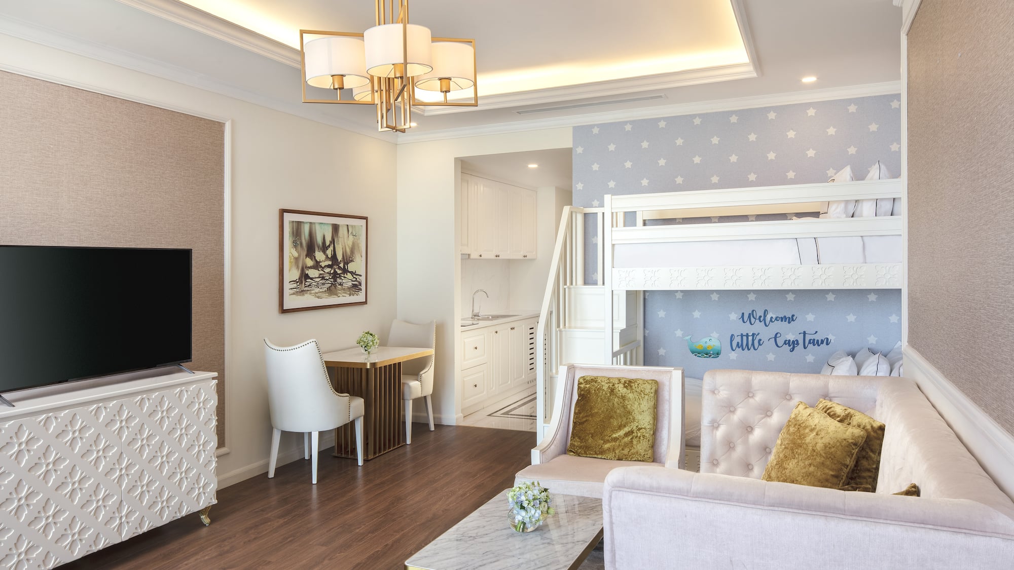 a room with a bunk bed and a tv