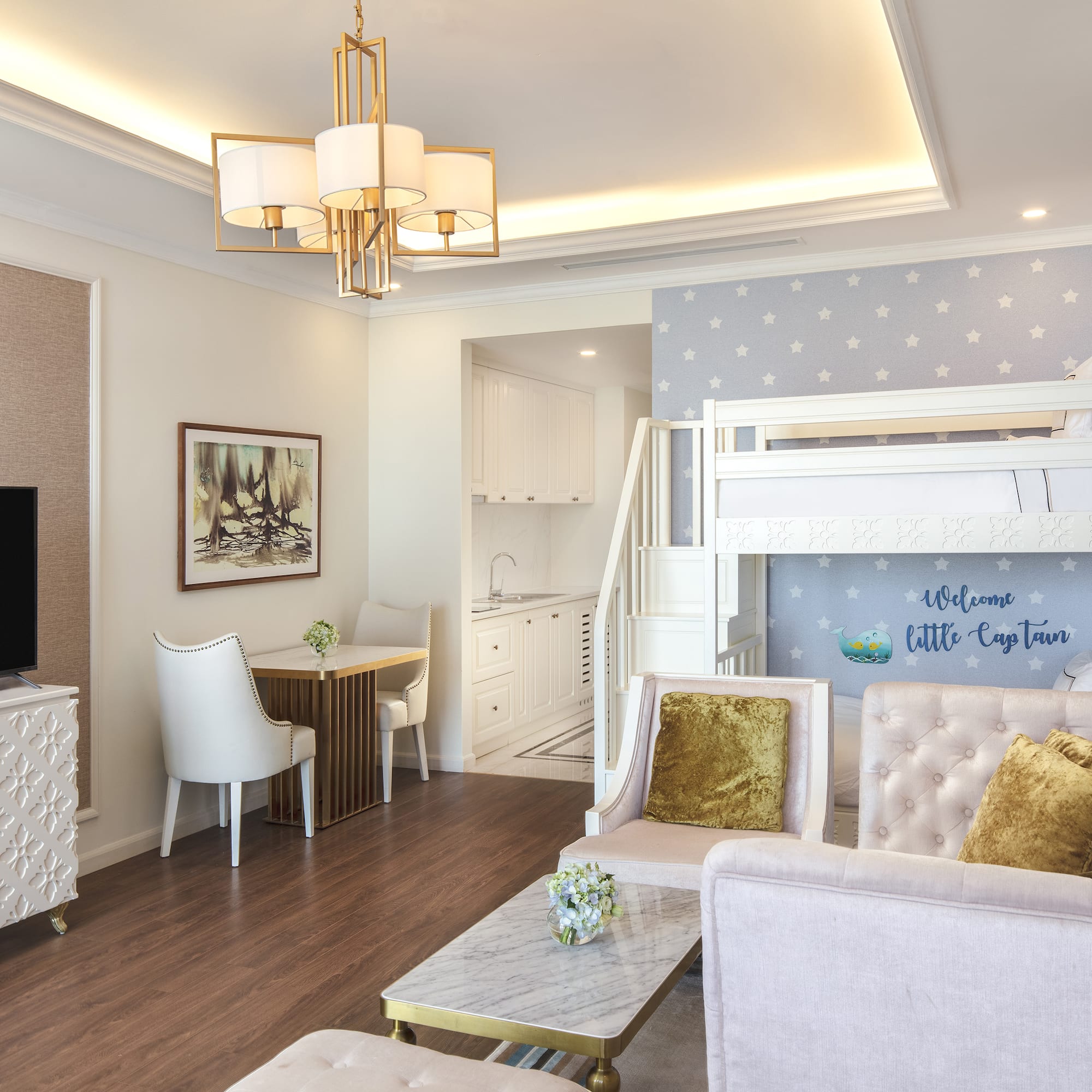 a room with a bunk bed and a tv