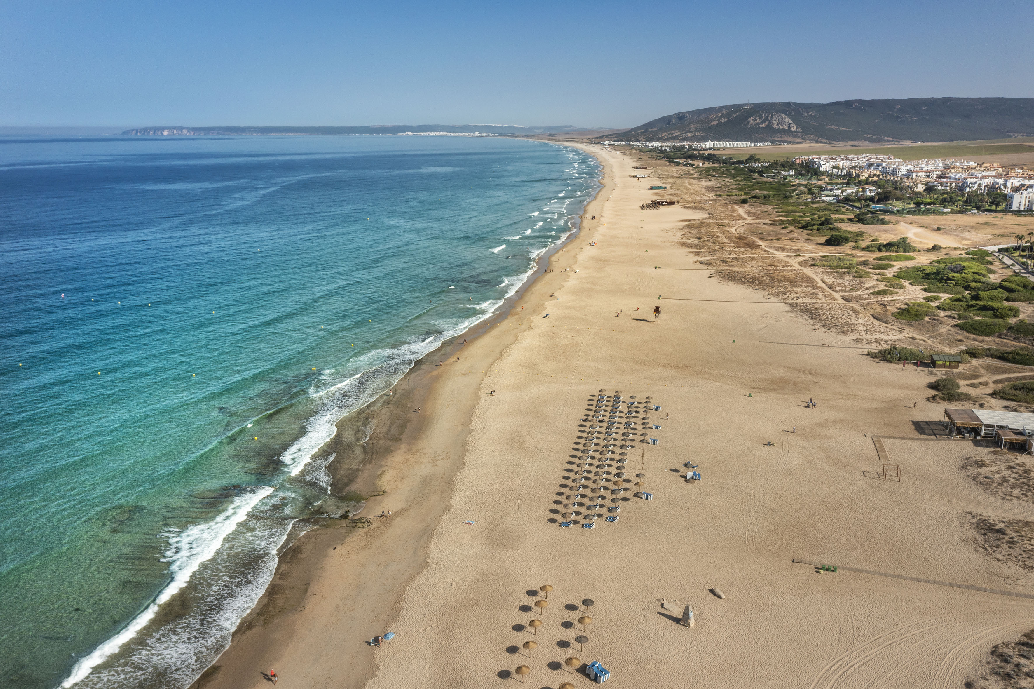 a beach with umbrellas and water
