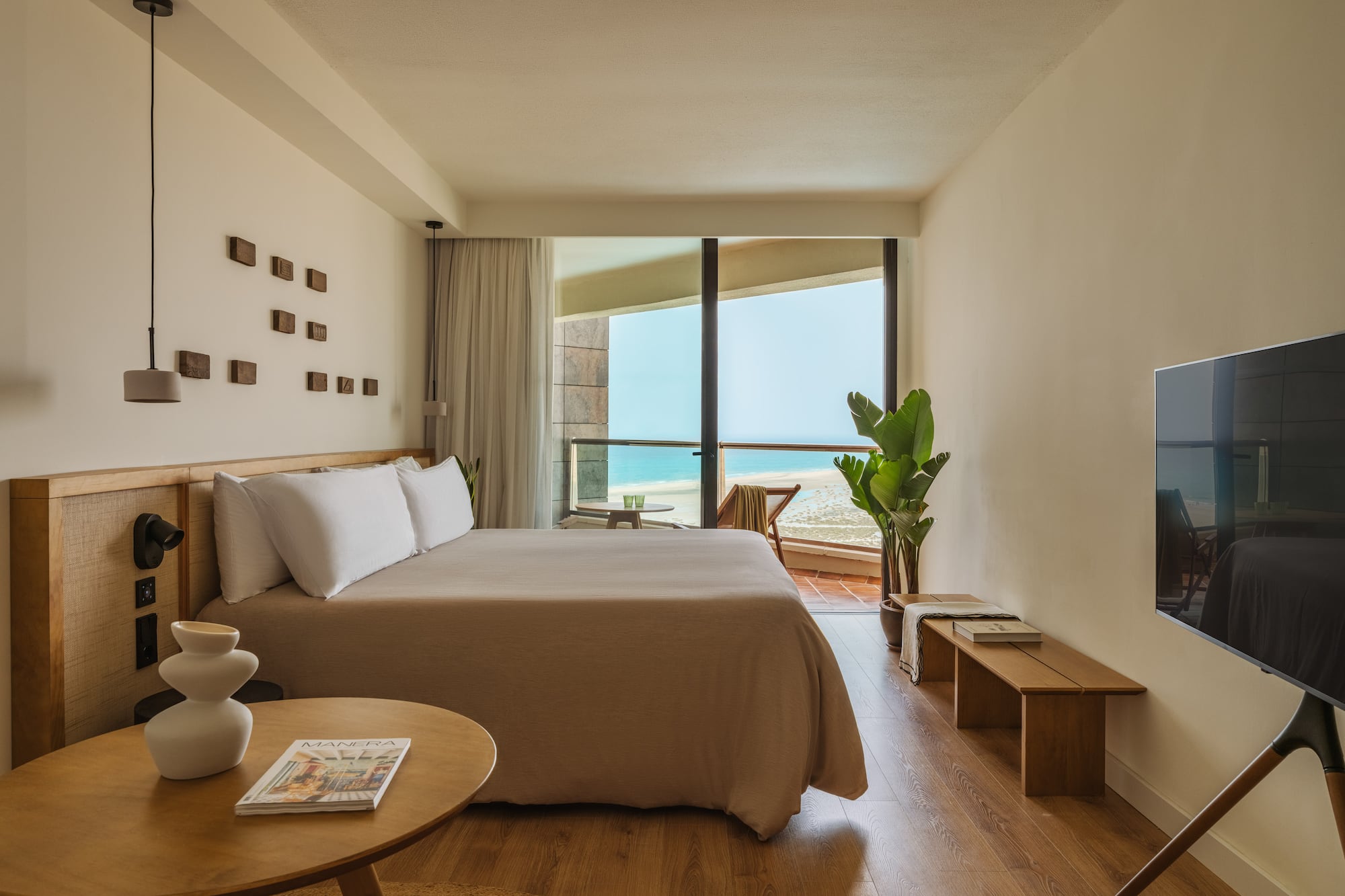 a bedroom with a large bed and a television