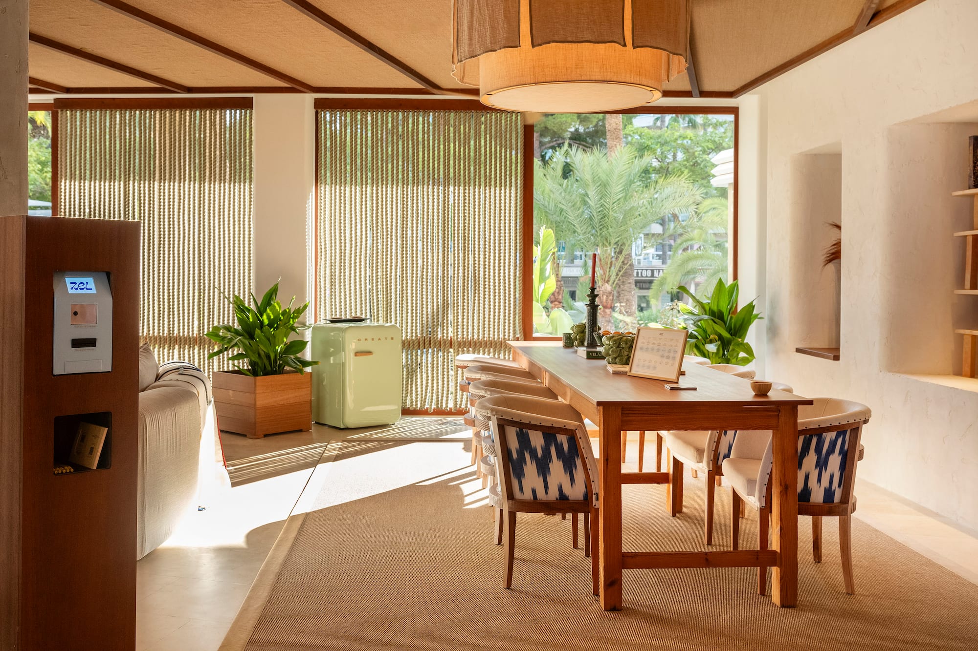 a room with a table and chairs
