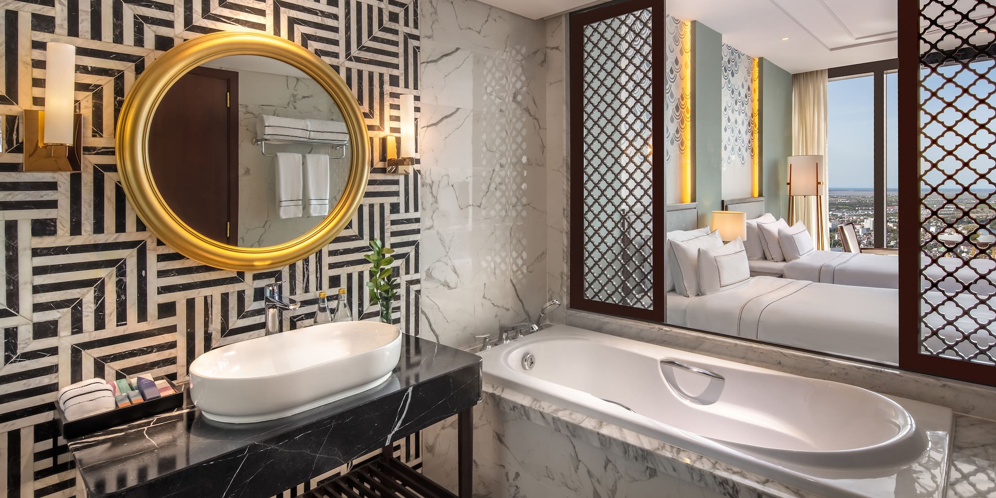 a bathroom with a mirror and a tub