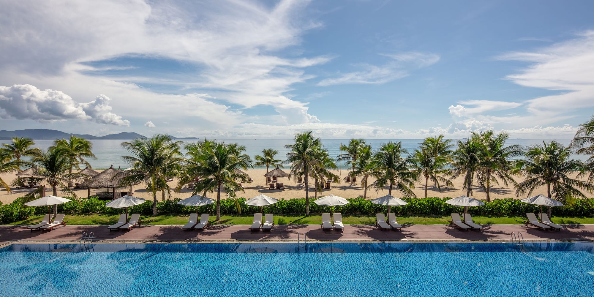 a pool with palm trees and a beach