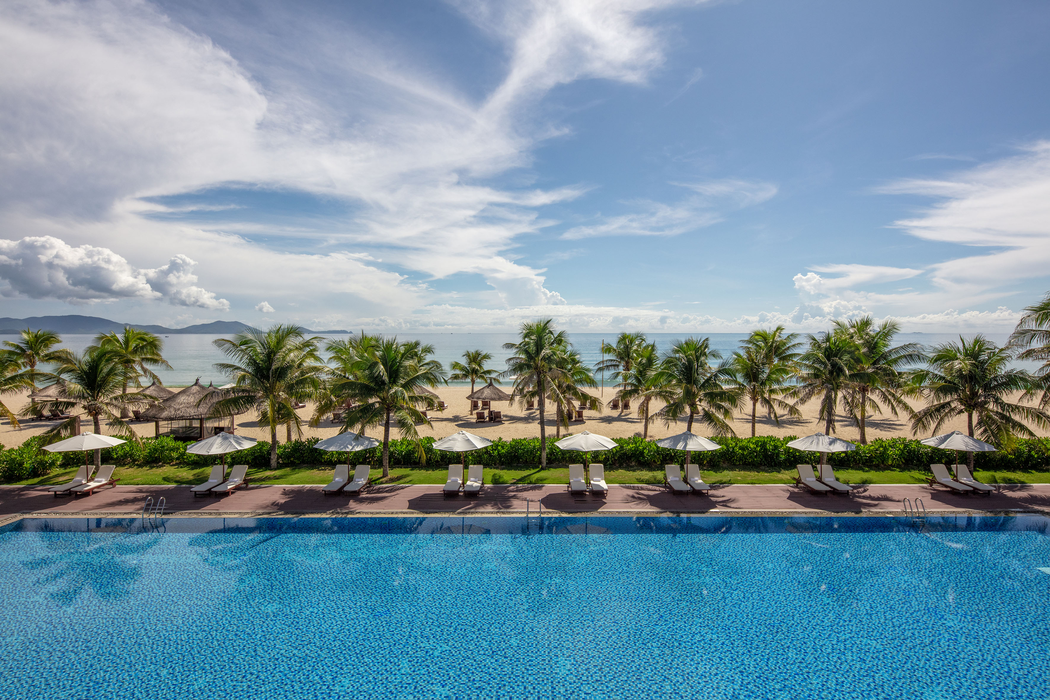 Sunny tropical resort with pool, palm beach, lounge chairs, and blue ocean.