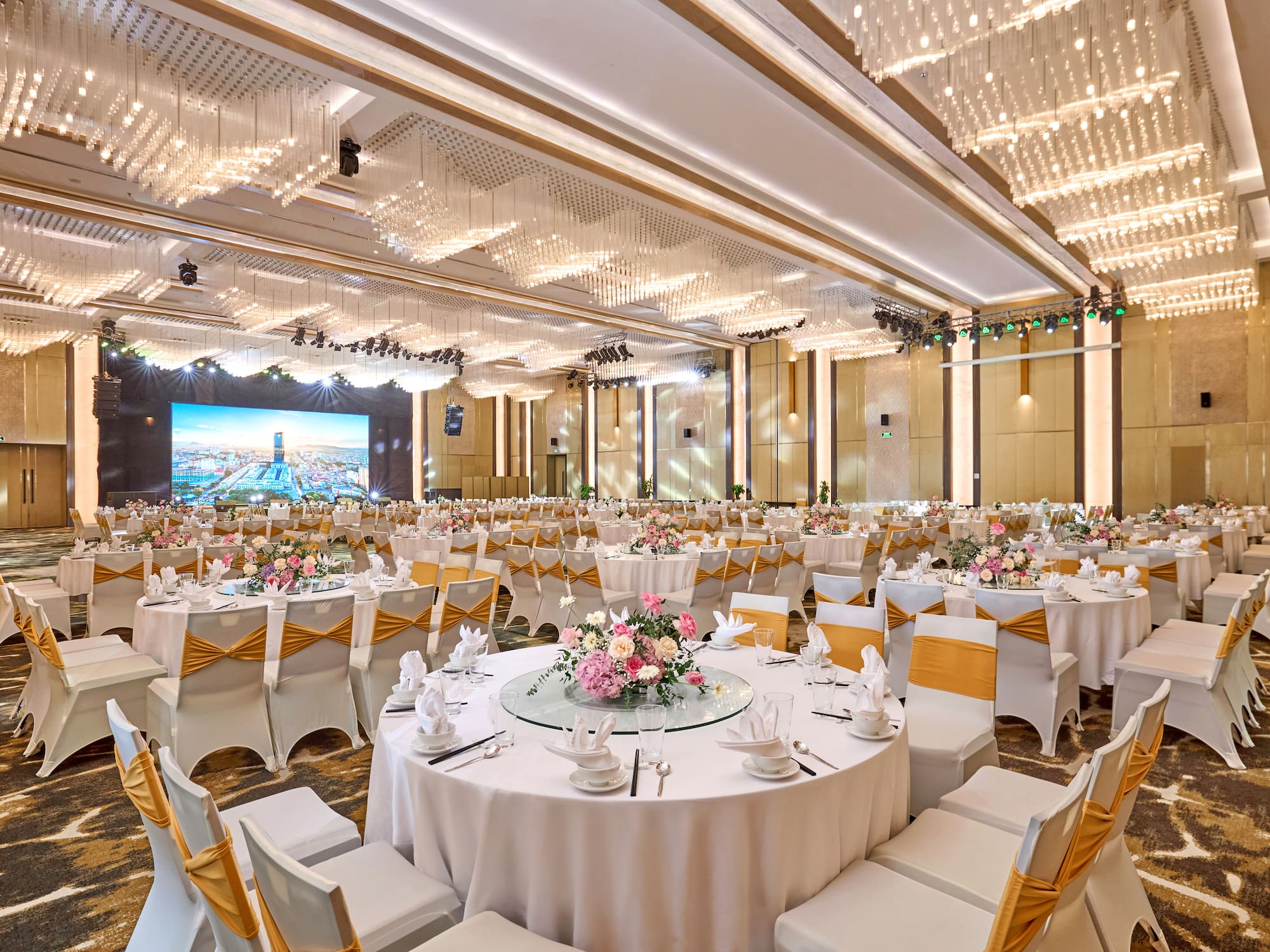 a large room with tables and chairs