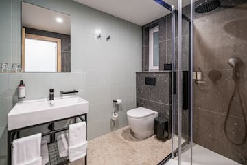 a bathroom with a shower and toilet