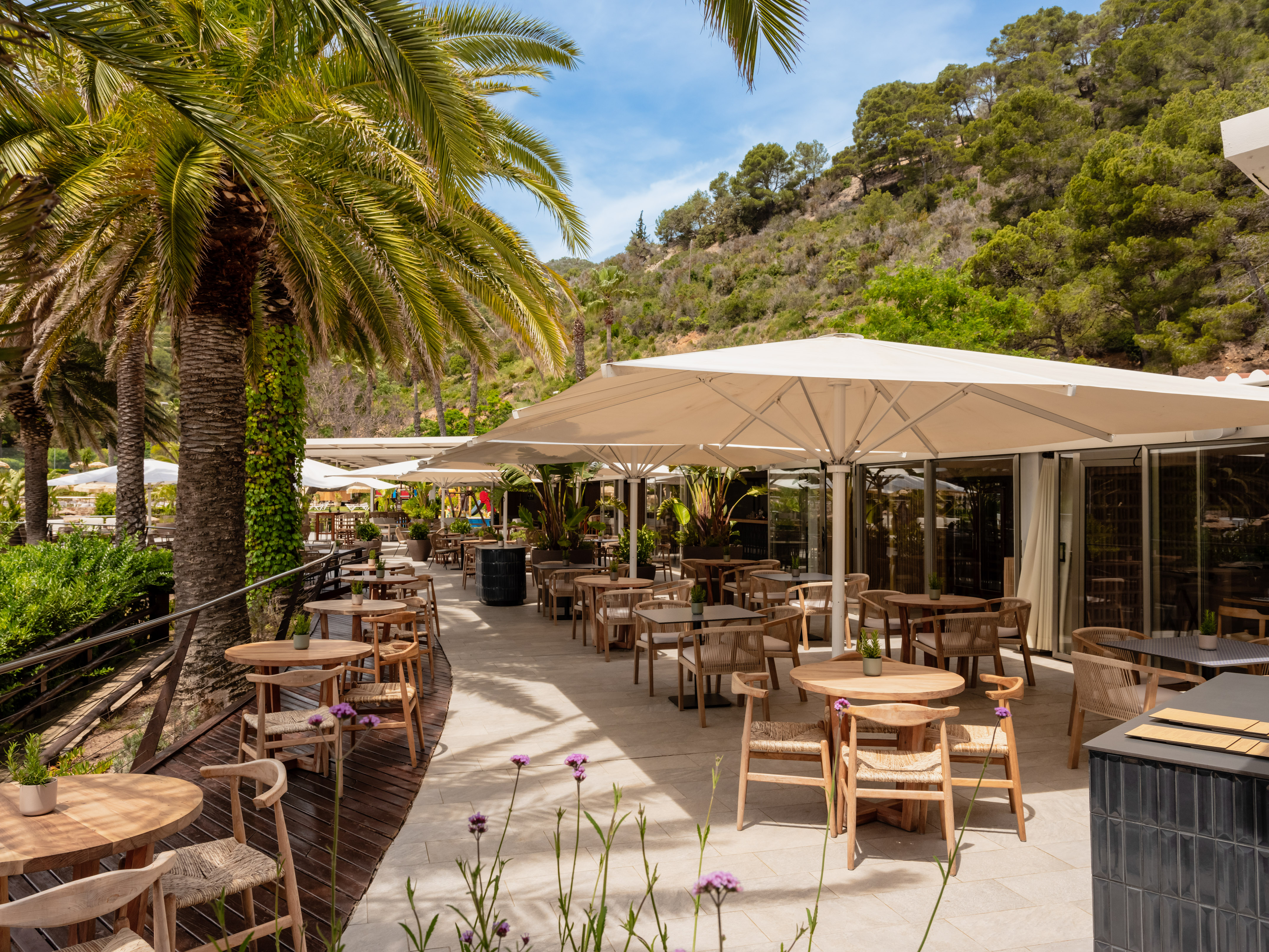 Mediterranean outdoor restaurant patio with palm trees and shaded tables.