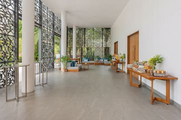 a room with a large window and a wall with plants