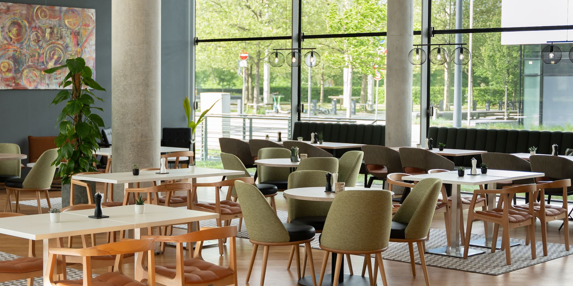 a room with tables and chairs