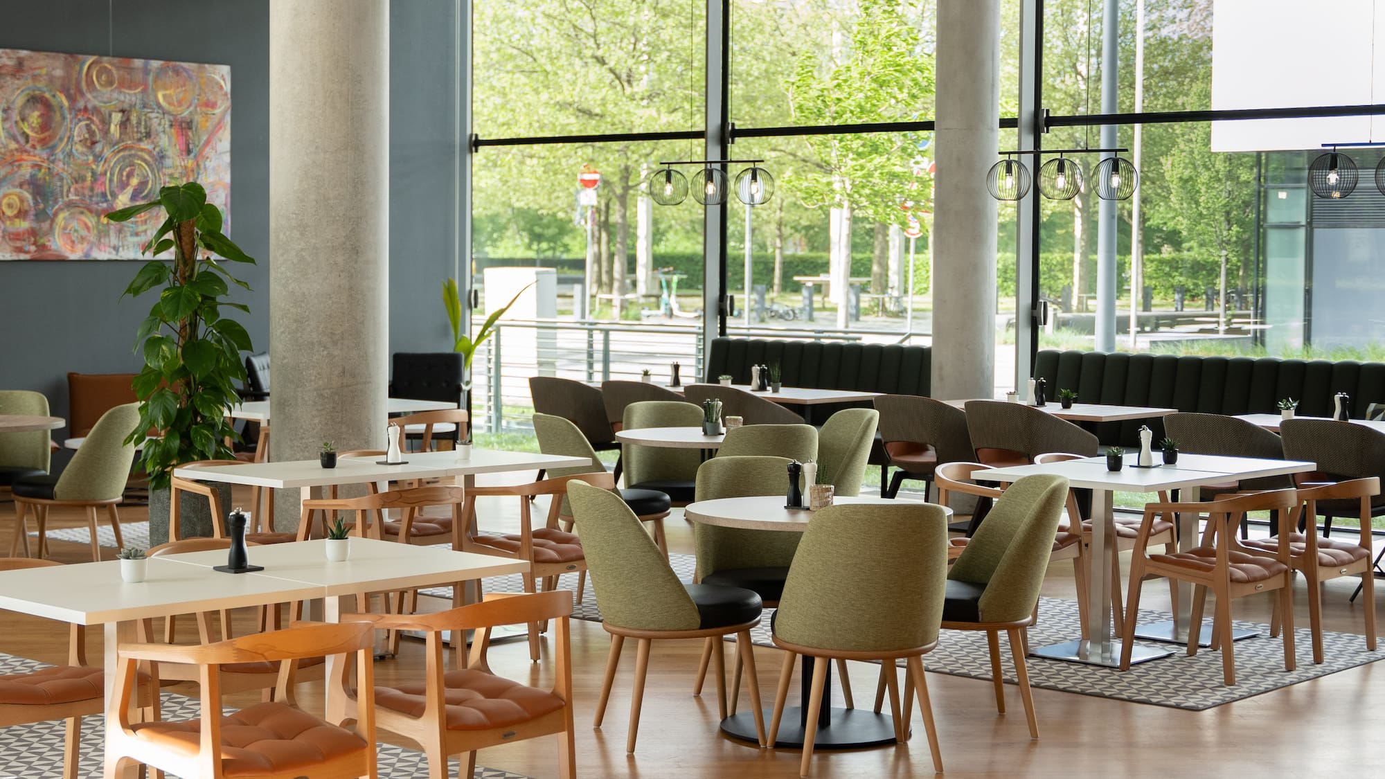 a room with tables and chairs