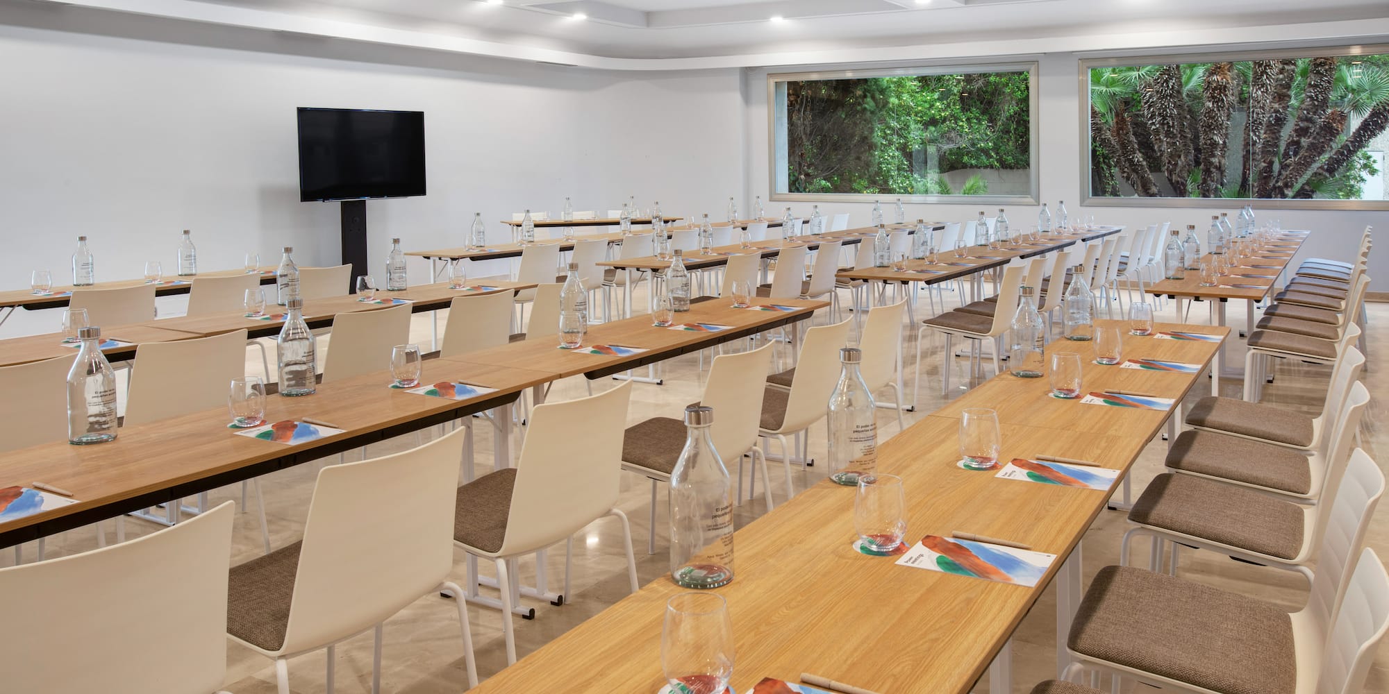 a room with tables and chairs
