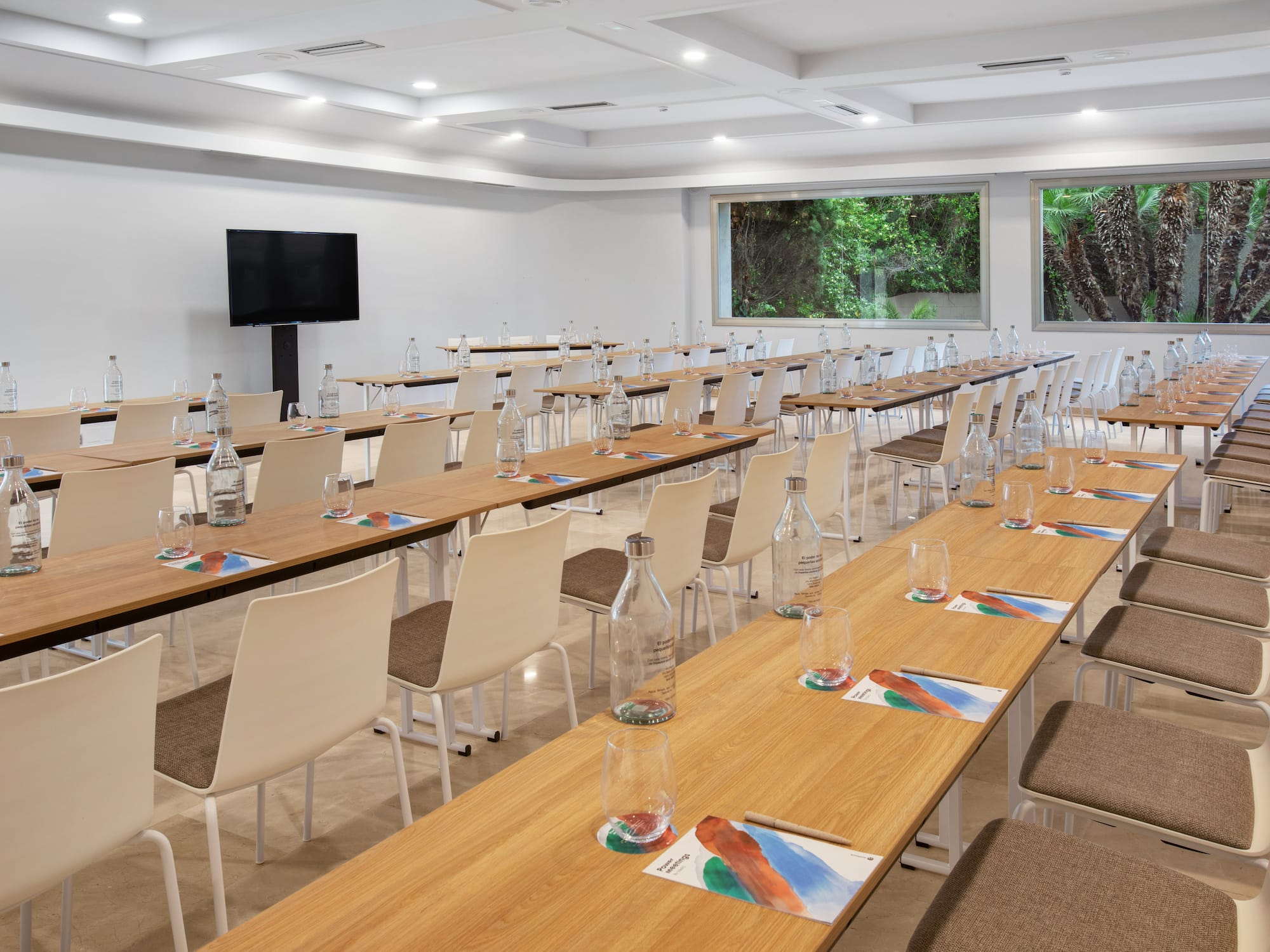 a room with tables and chairs