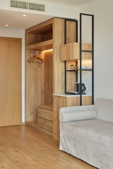 a room with a couch and a closet