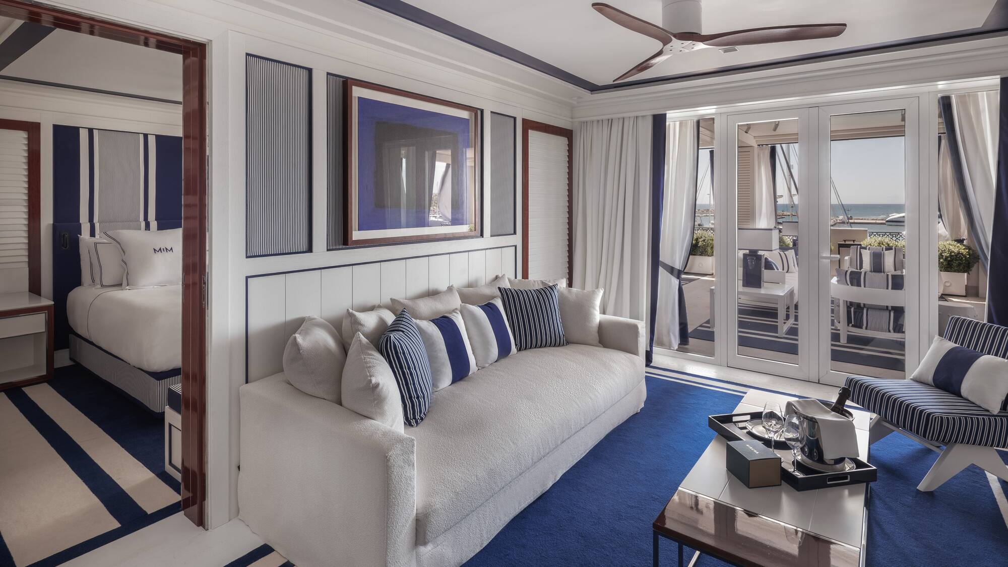 a room with a couch and a coffee table