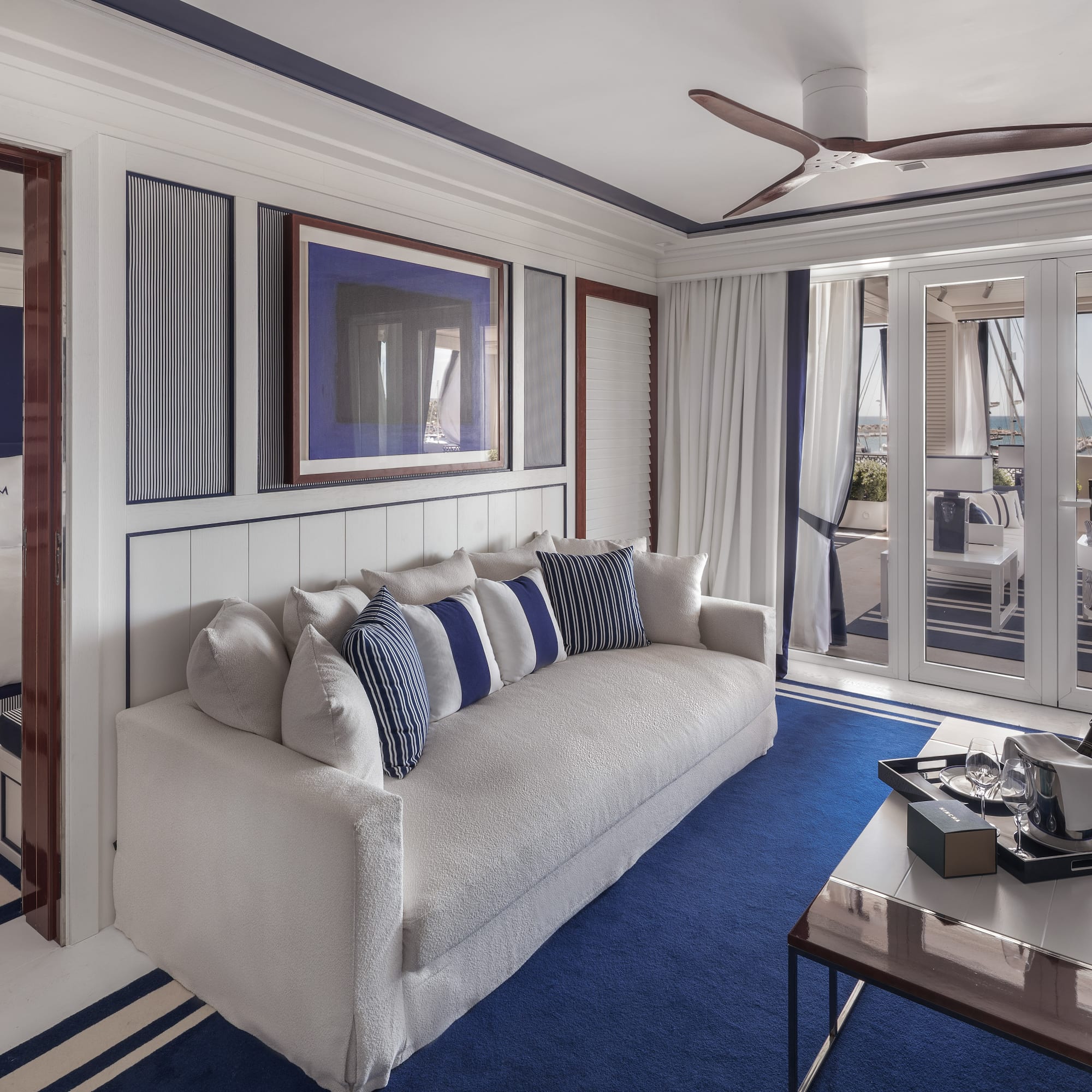 a room with a couch and a coffee table