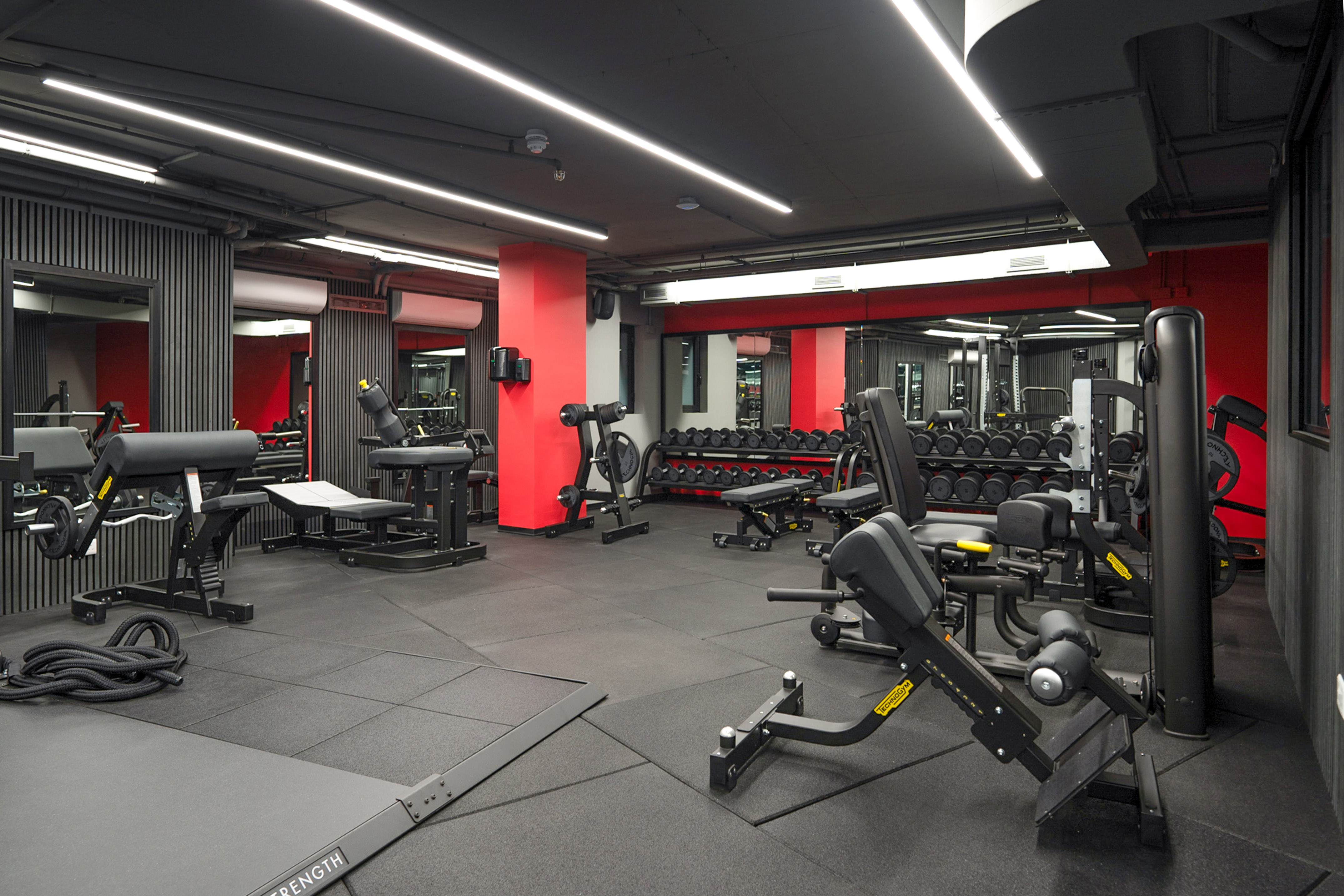 Modern gym interior with Technogym equipment, dumbbells, and red pillars.