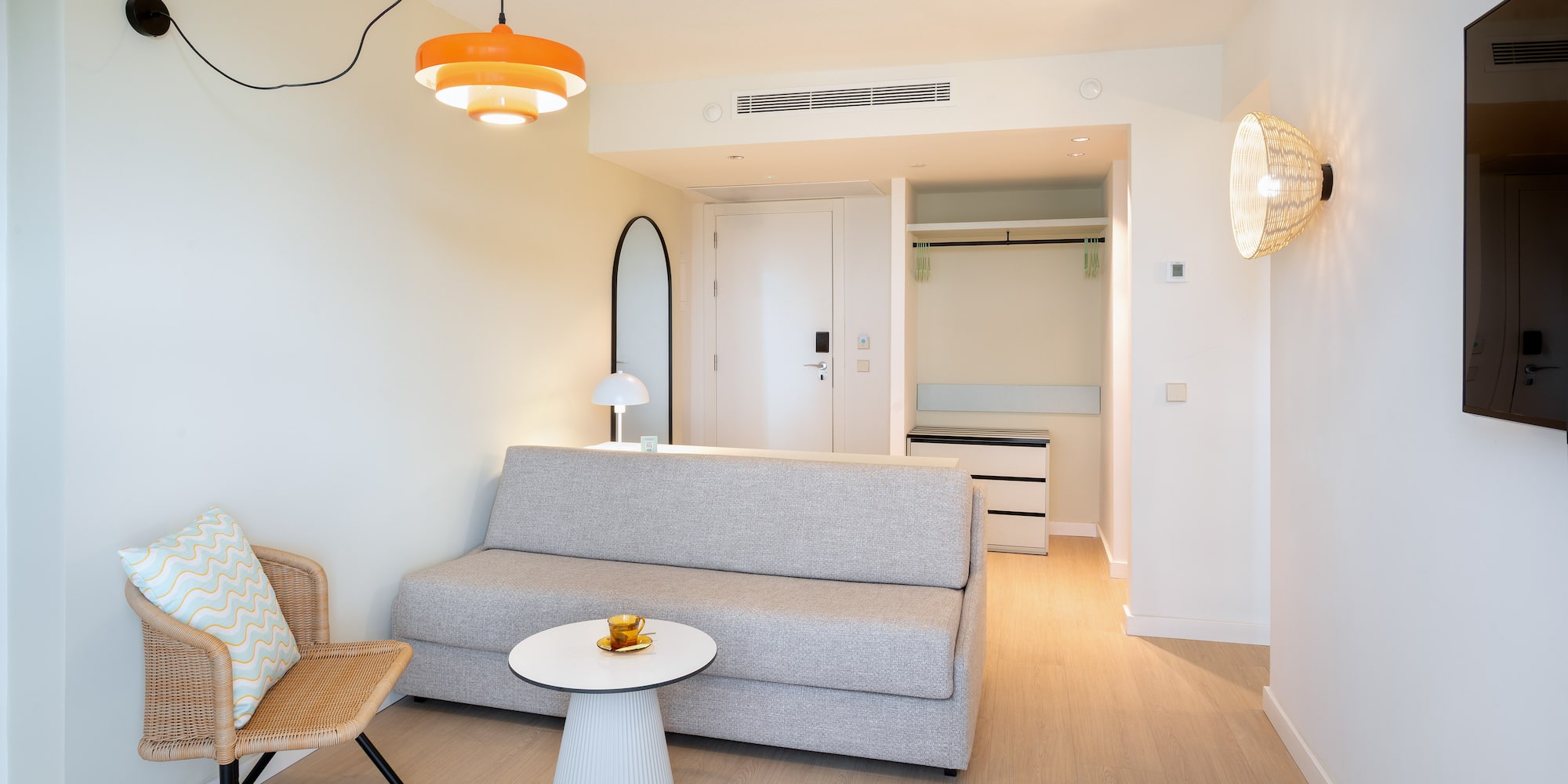 a room with a couch and a table