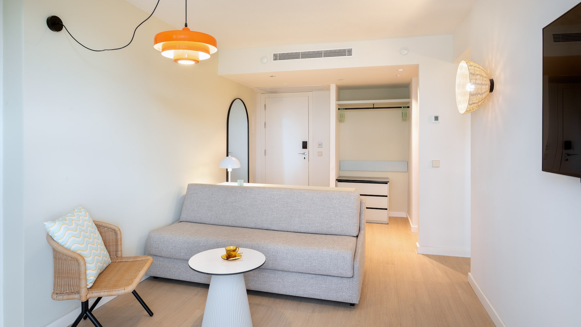 a room with a couch and a table