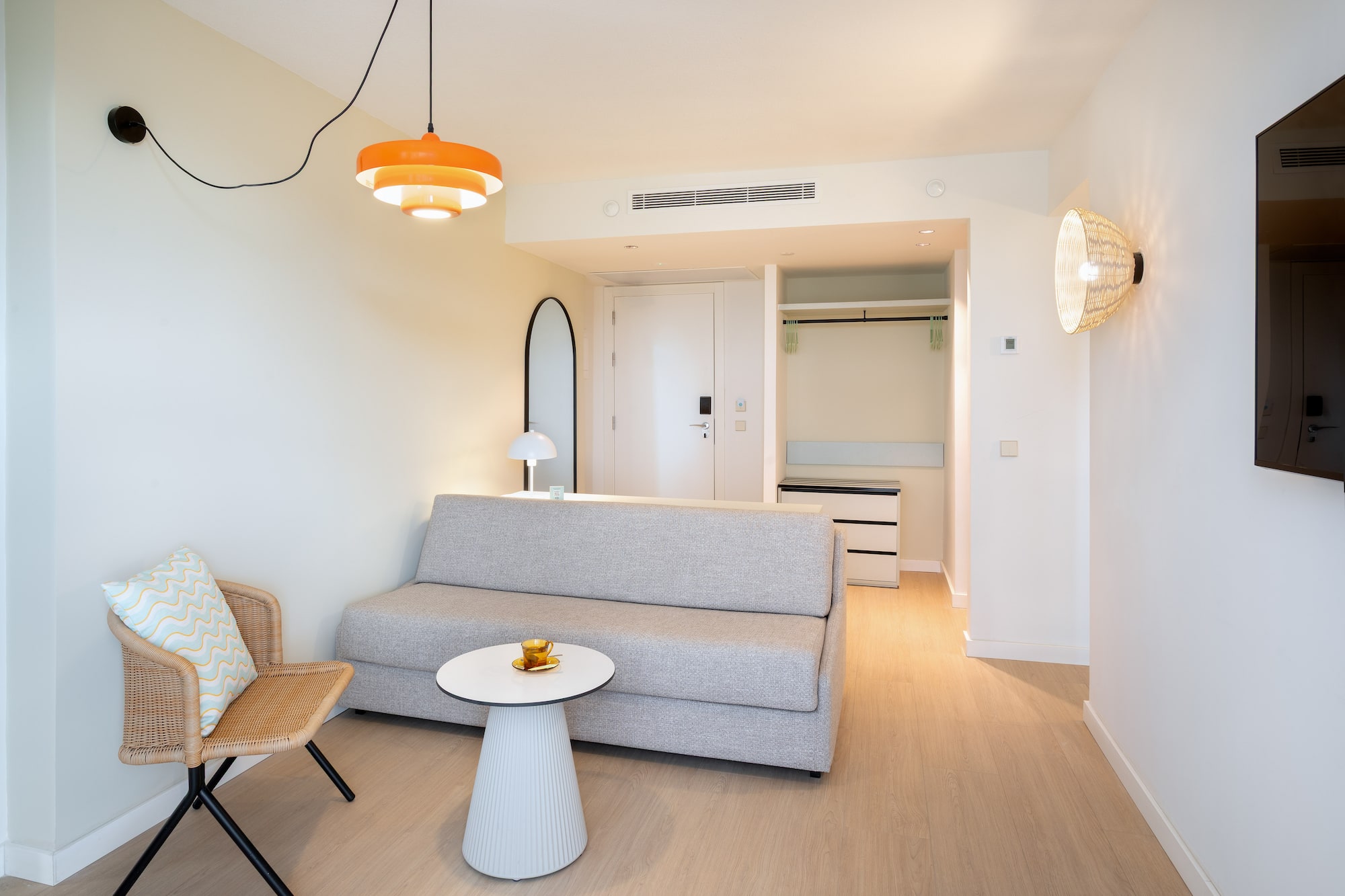 a room with a couch and a table