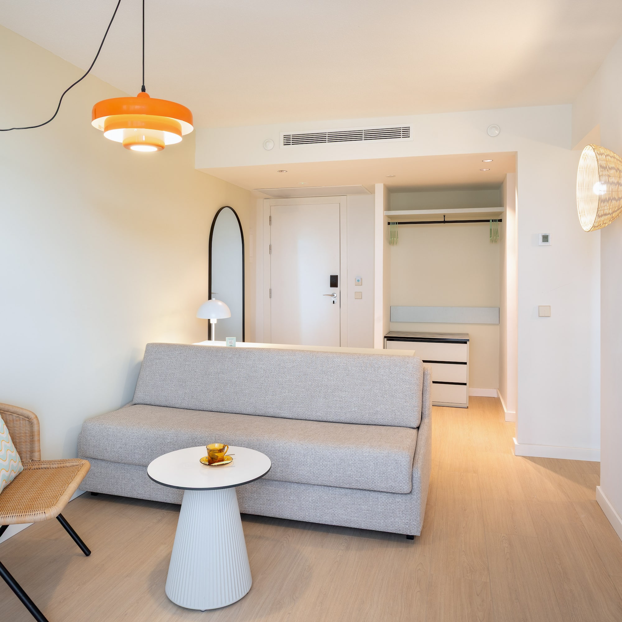 a room with a couch and a table