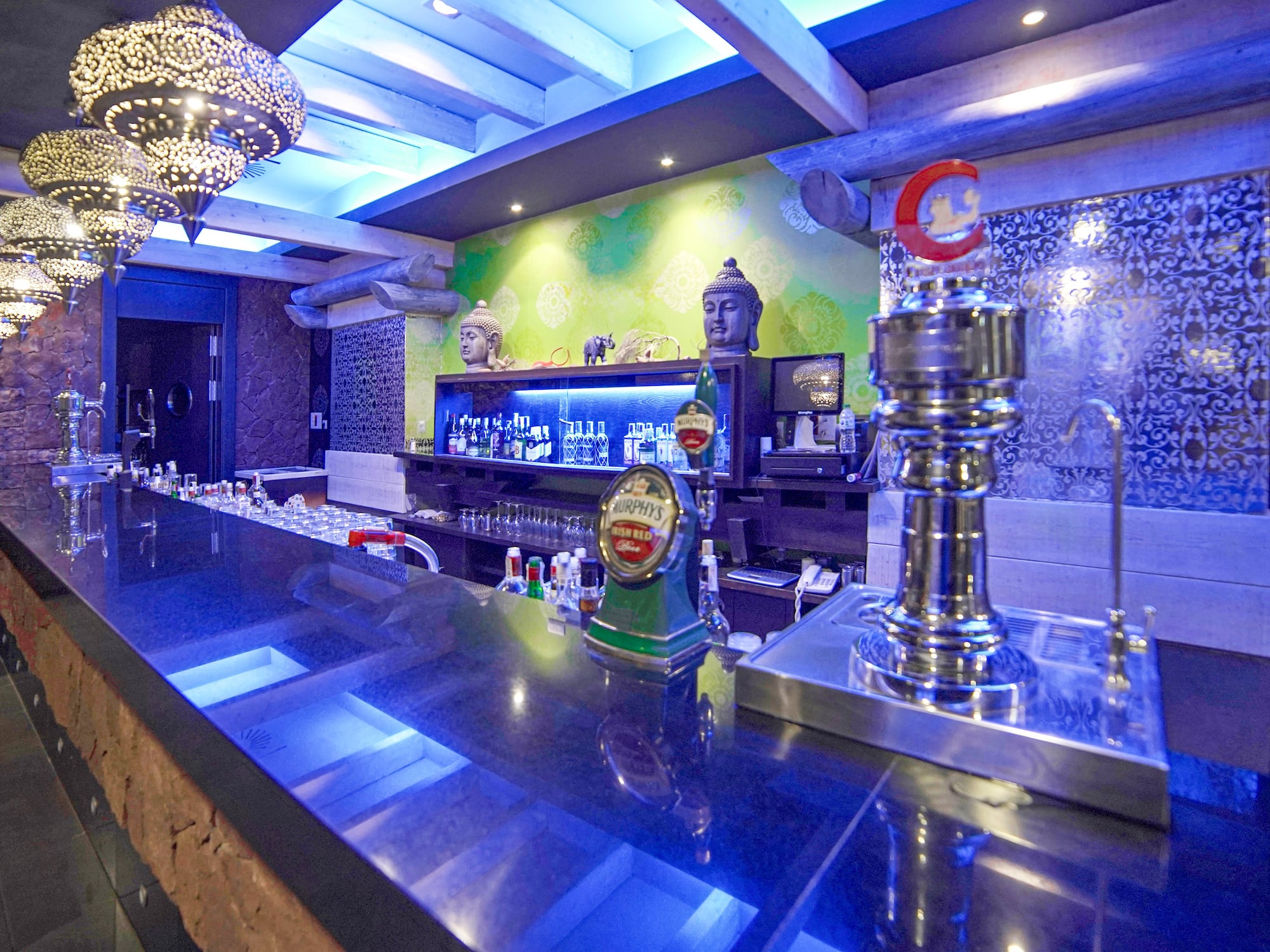 a bar with a few bottles of beer