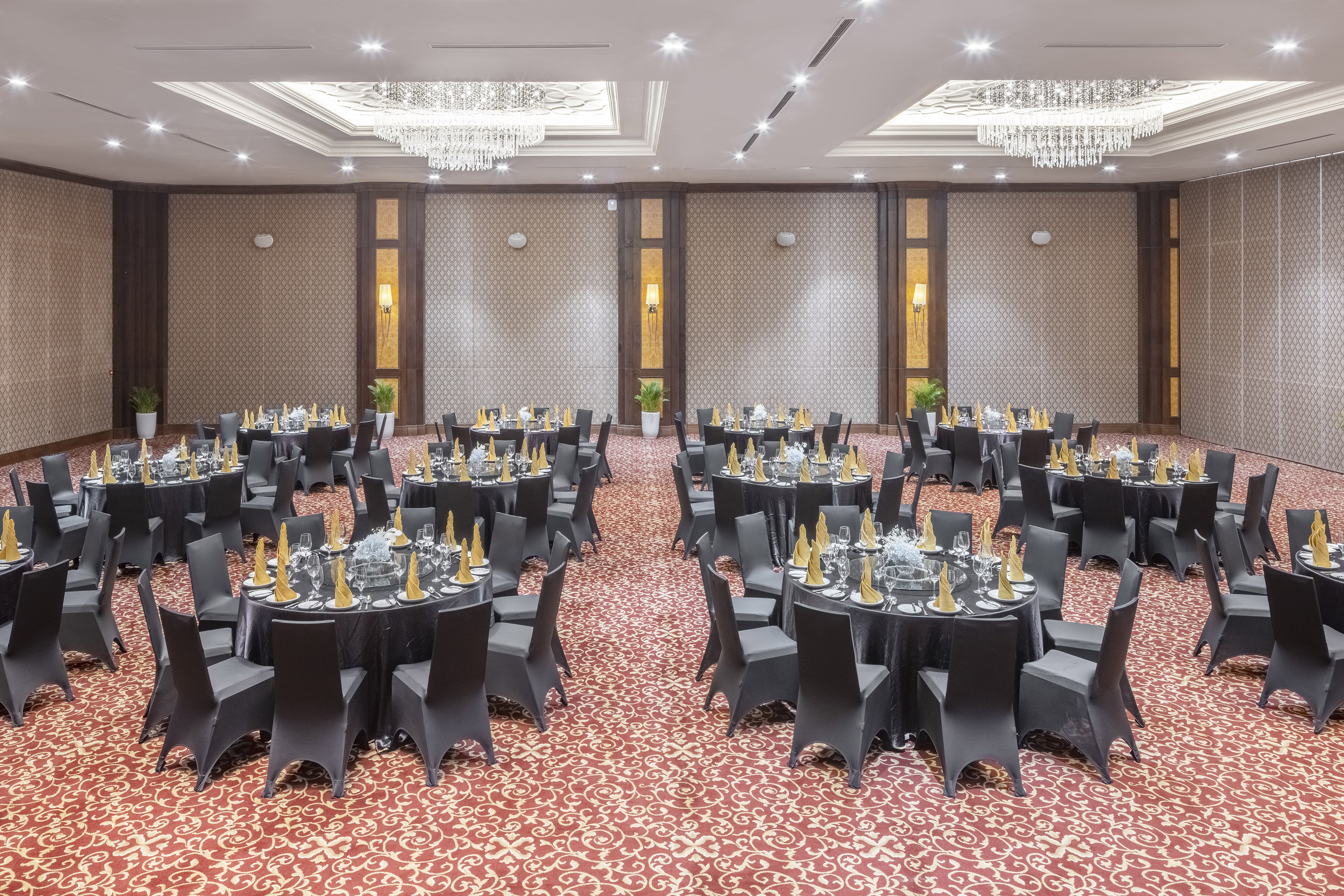 a large room with tables and chairs