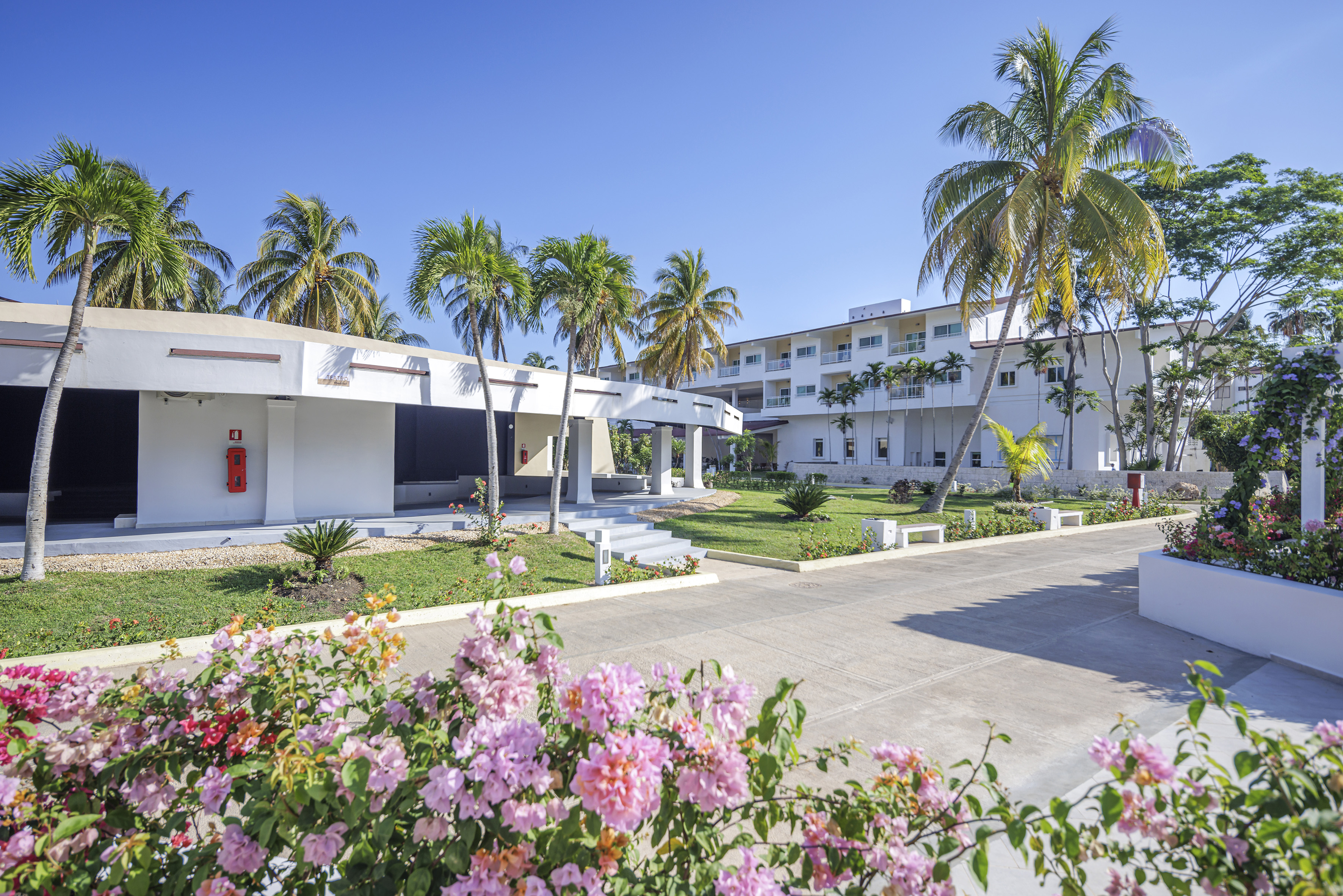 a building with palm trees and flowers