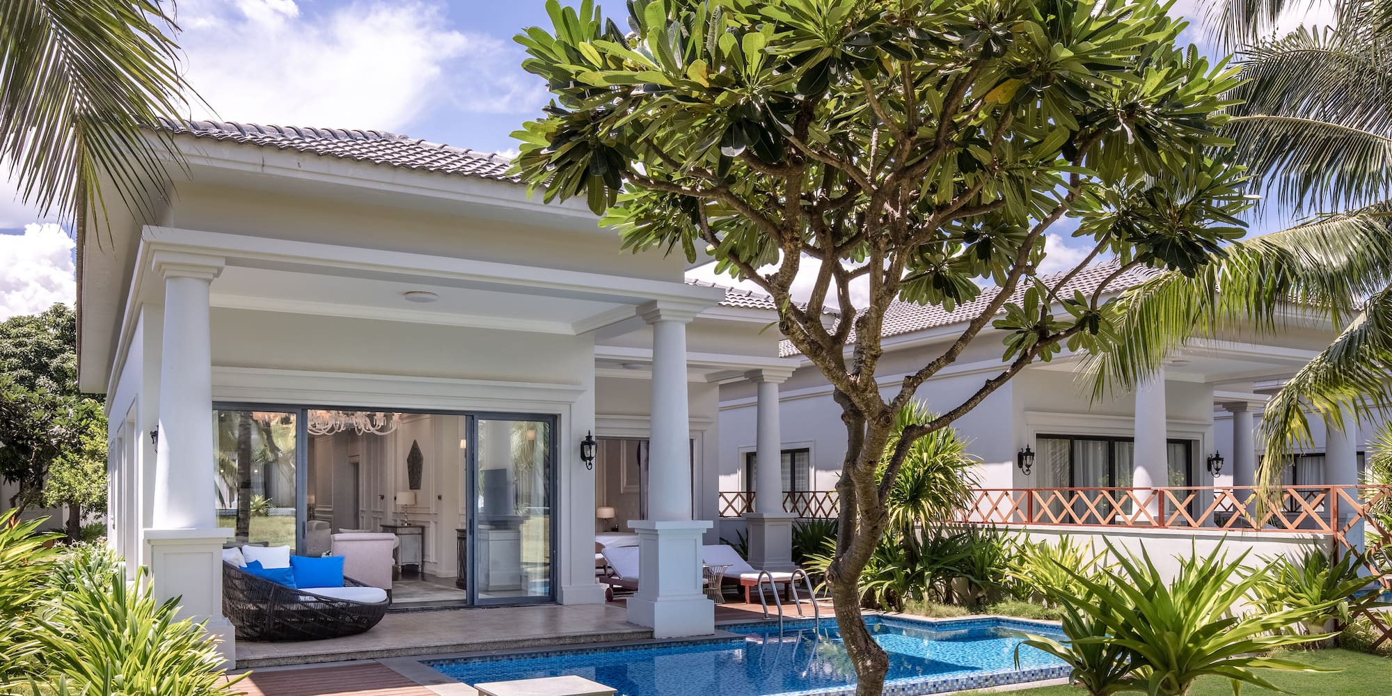 a house with a pool and a tree