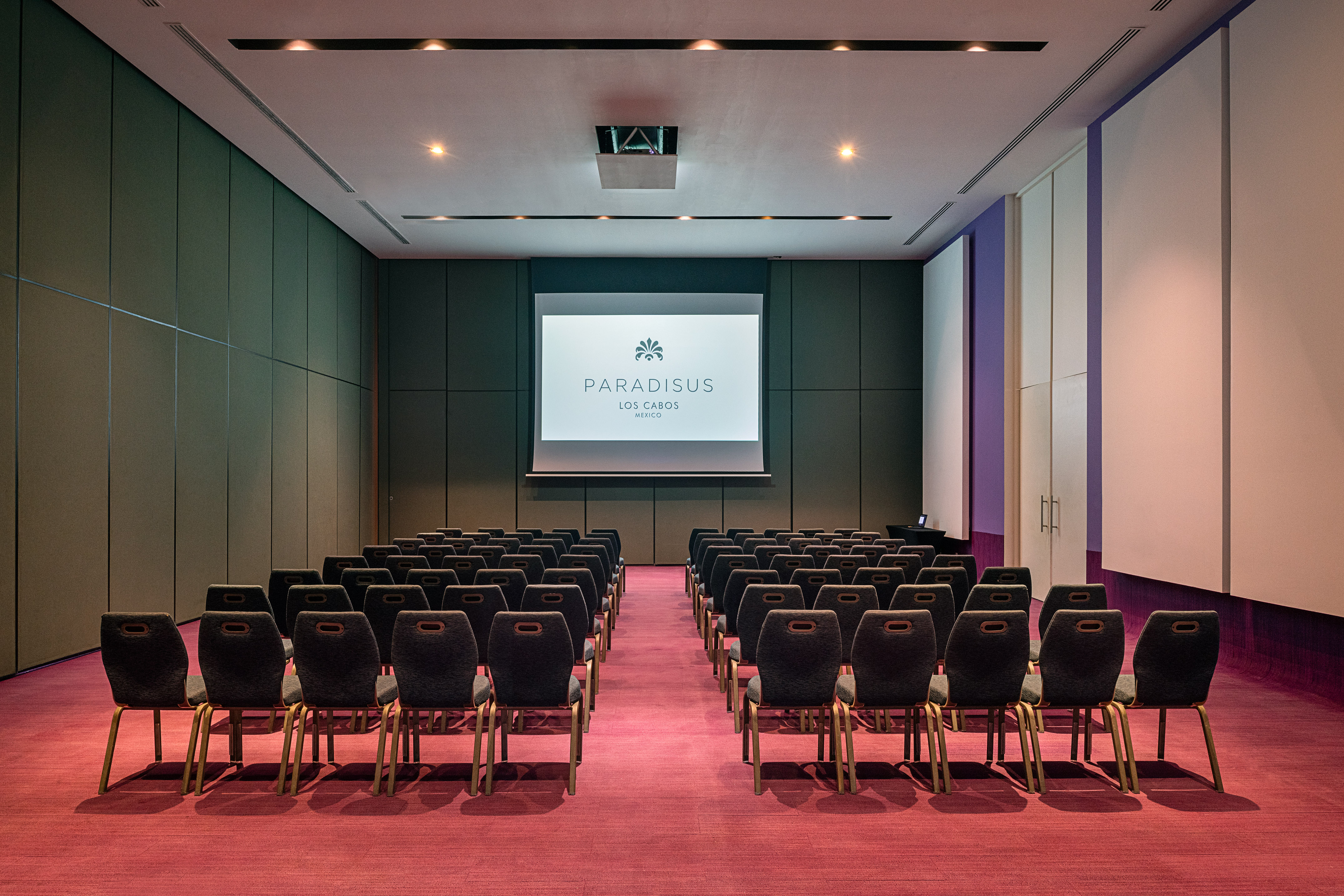 Conference room at Paradisus Los Cabos, chairs, red carpet, and logo on screen.