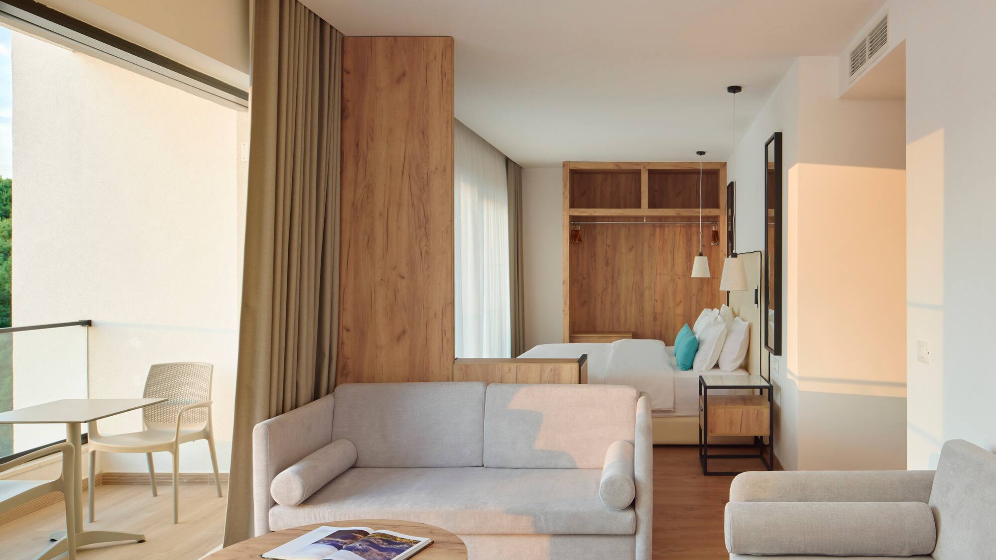 a room with a couch and a bed