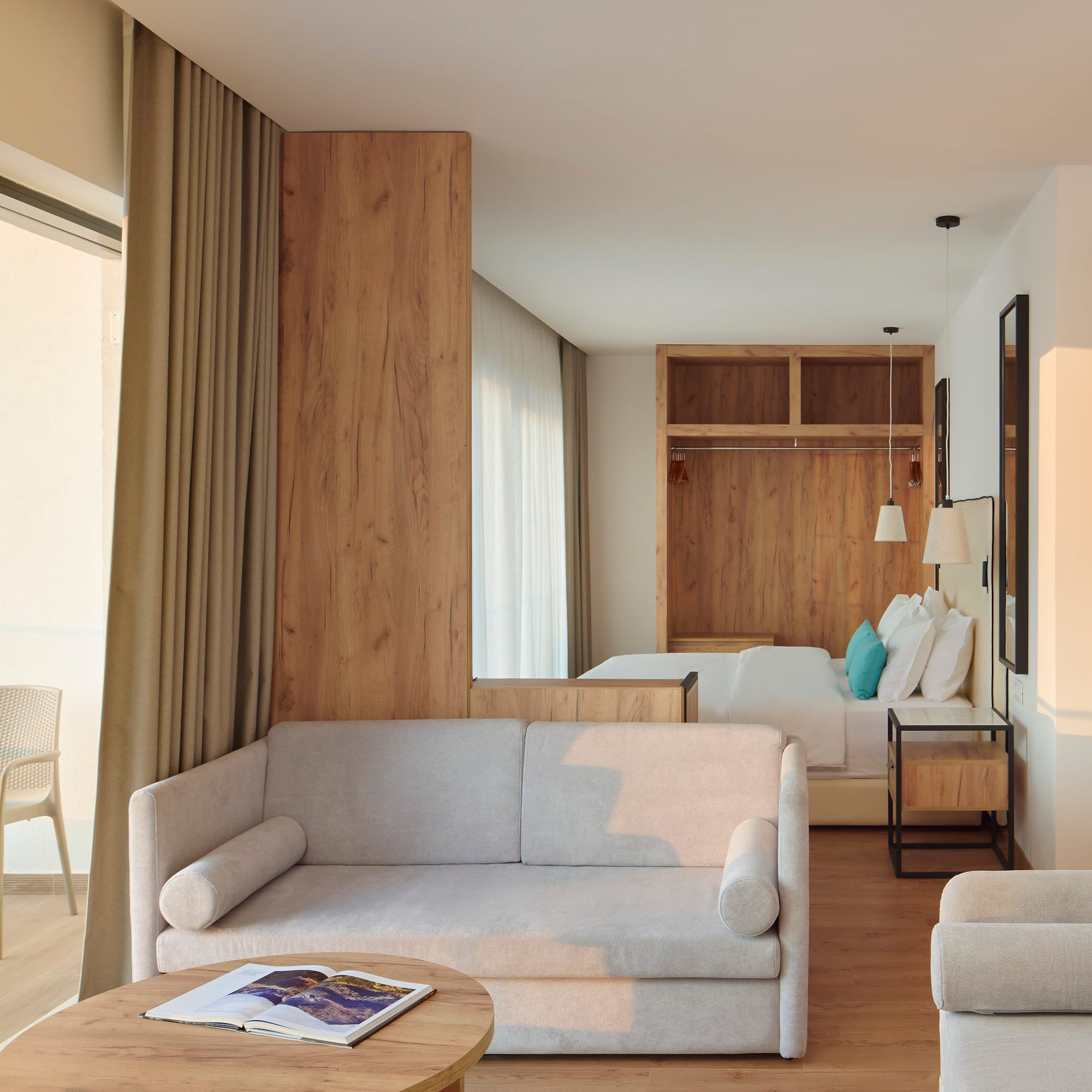 a room with a couch and a bed