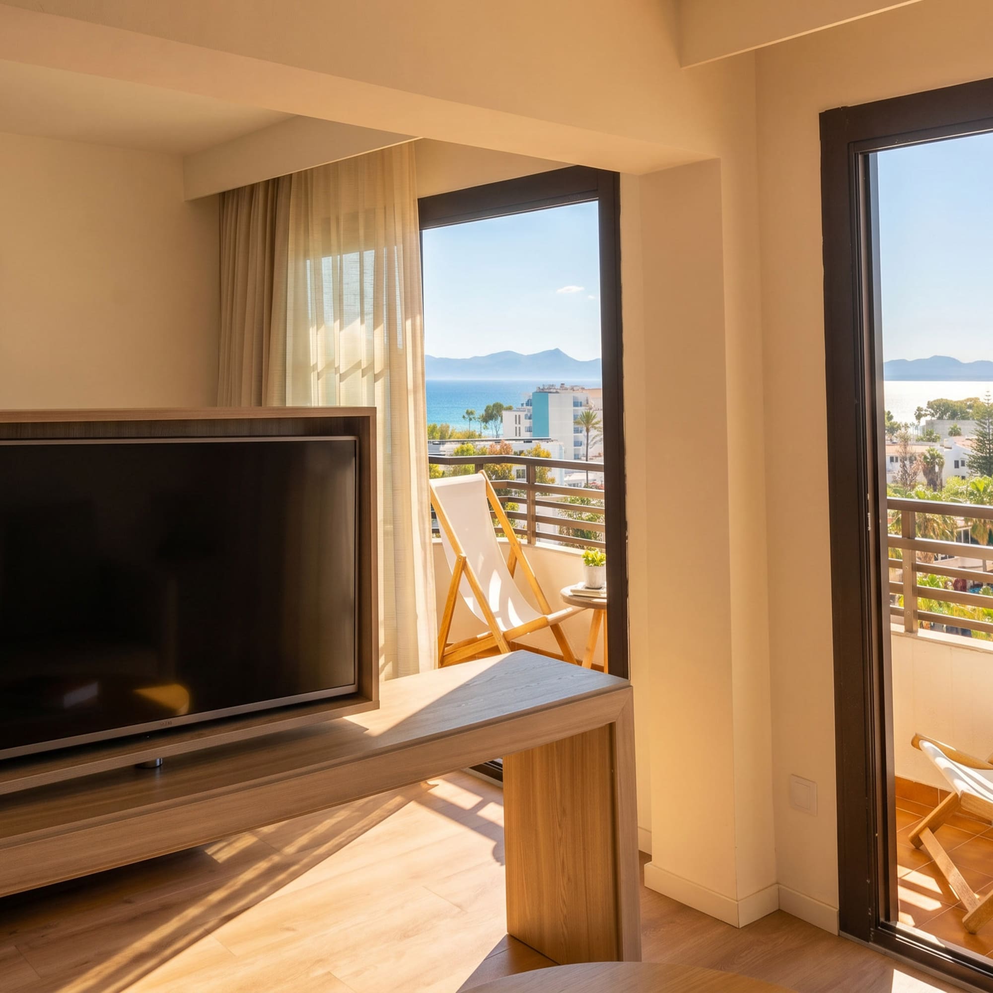 Sunny hotel room with TV, balcony deck chairs, and panoramic sea view.