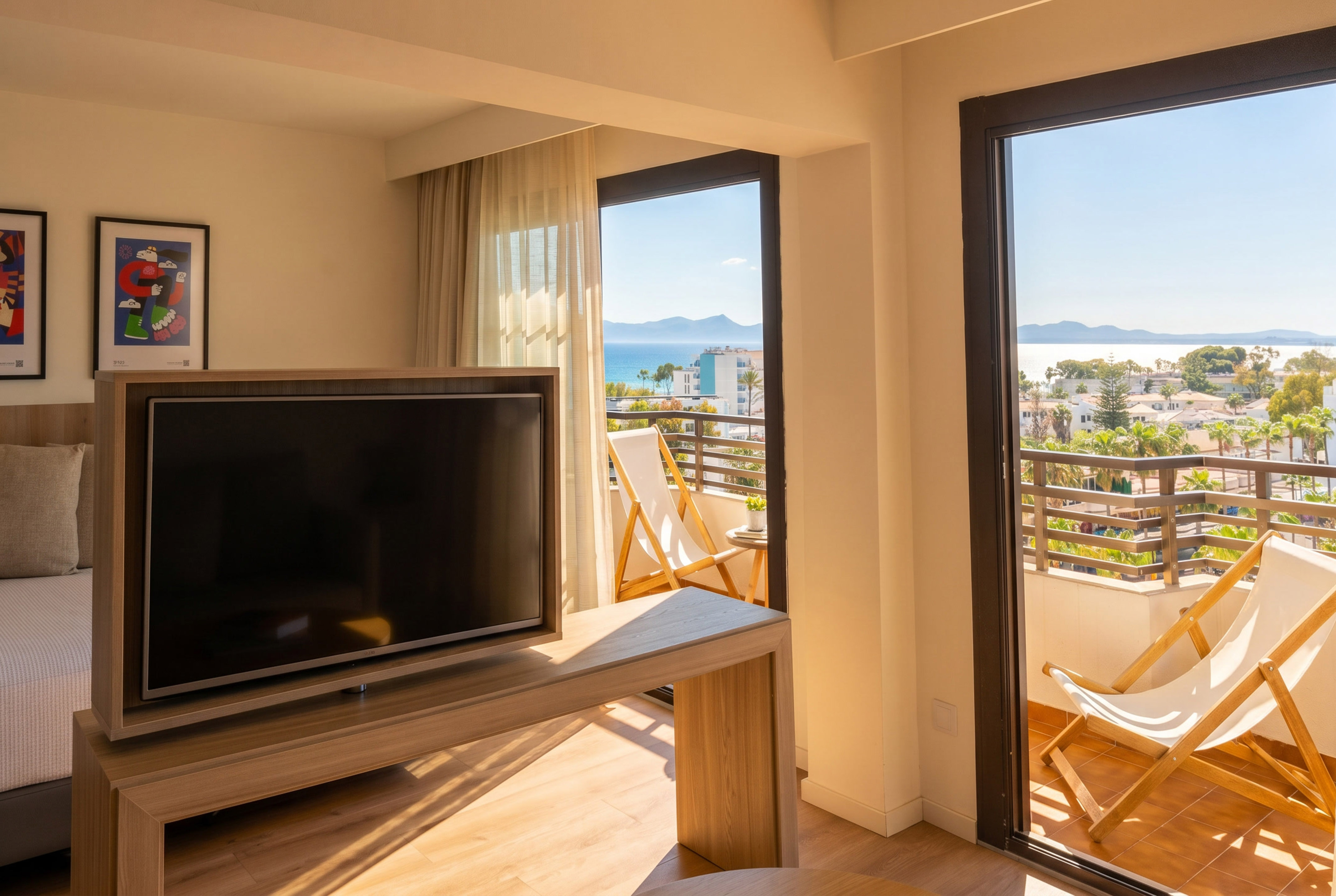 Sunny hotel room with TV, balcony deck chairs, and panoramic sea view.