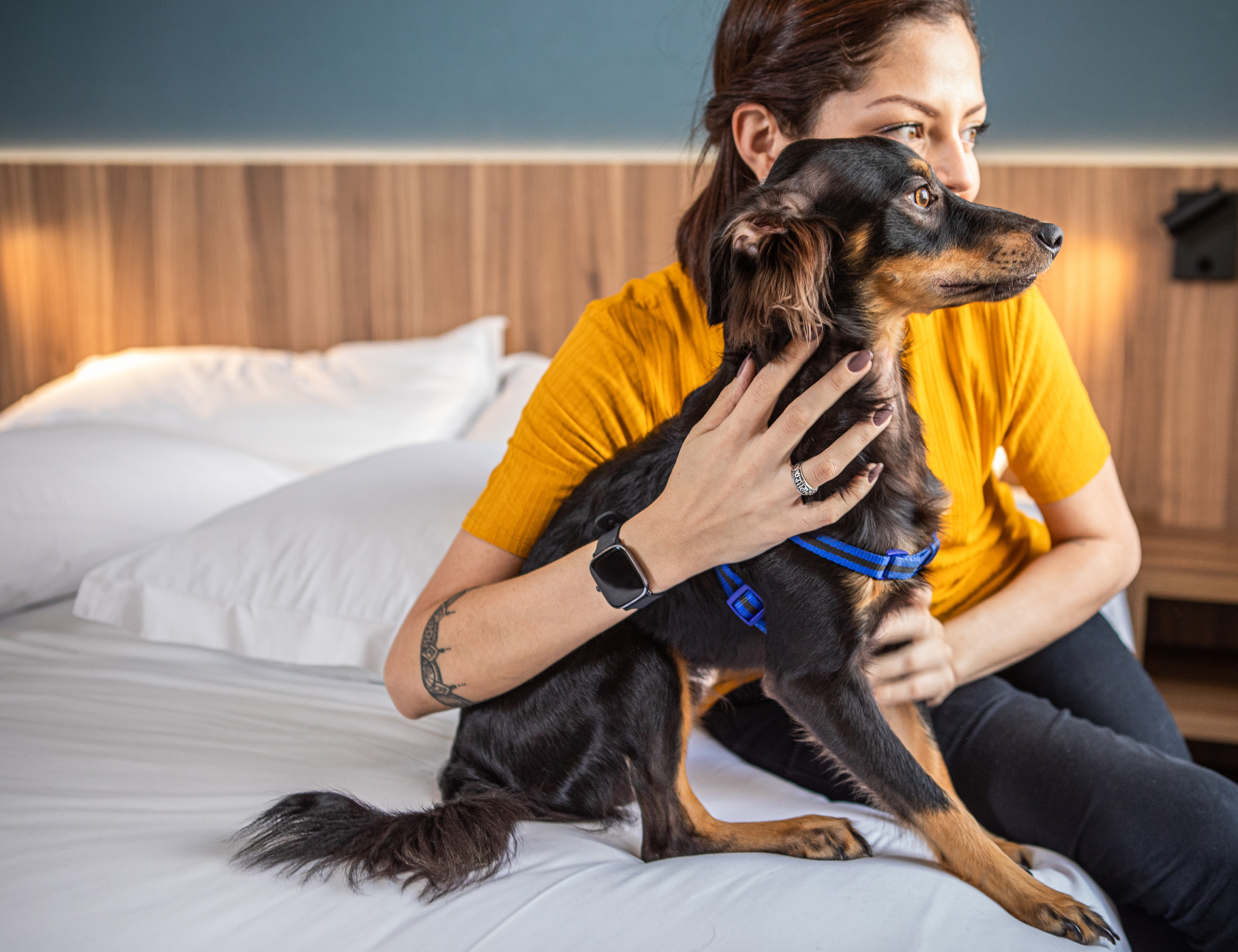 Woman hugging black & tan dog on bed in pet-friendly hotel room.