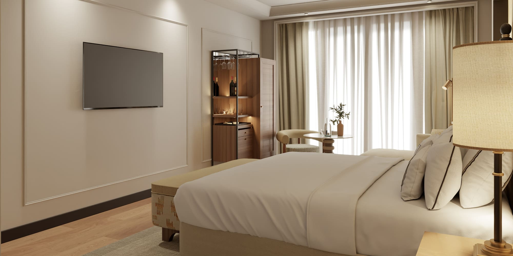 a bedroom with a tv and a bed