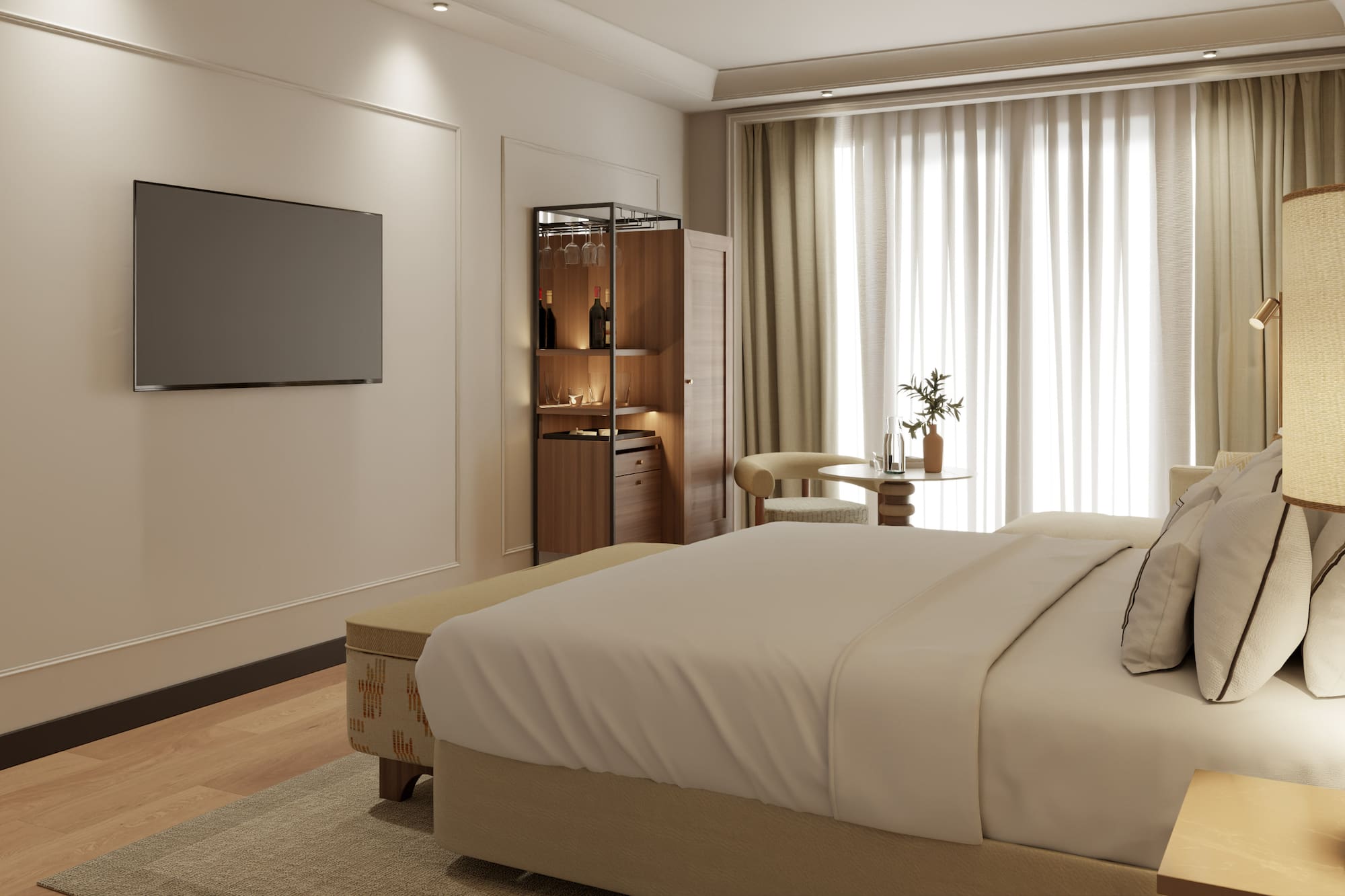 a bedroom with a tv and a bed