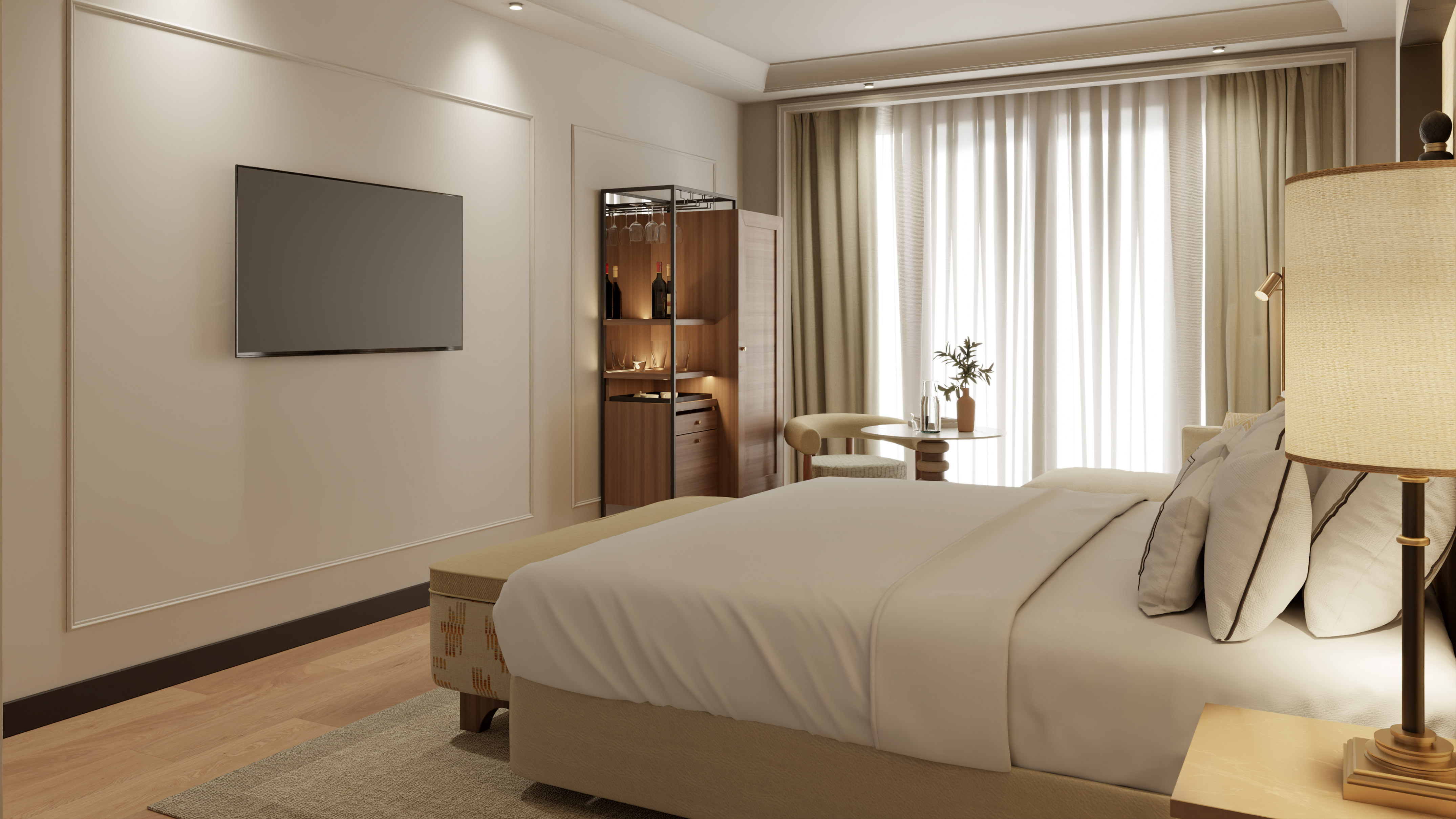 a bedroom with a tv and a bed