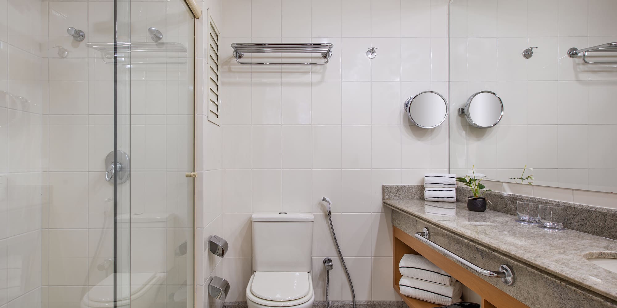 a bathroom with a shower and toilet