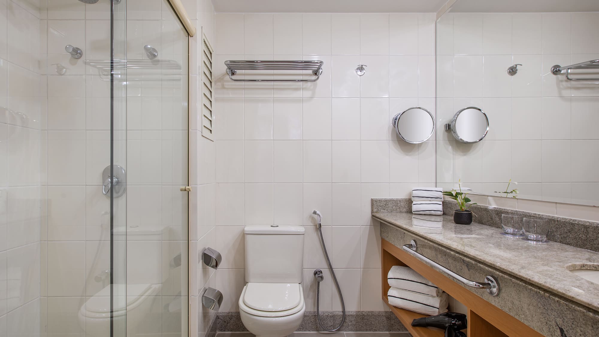 a bathroom with a shower and toilet