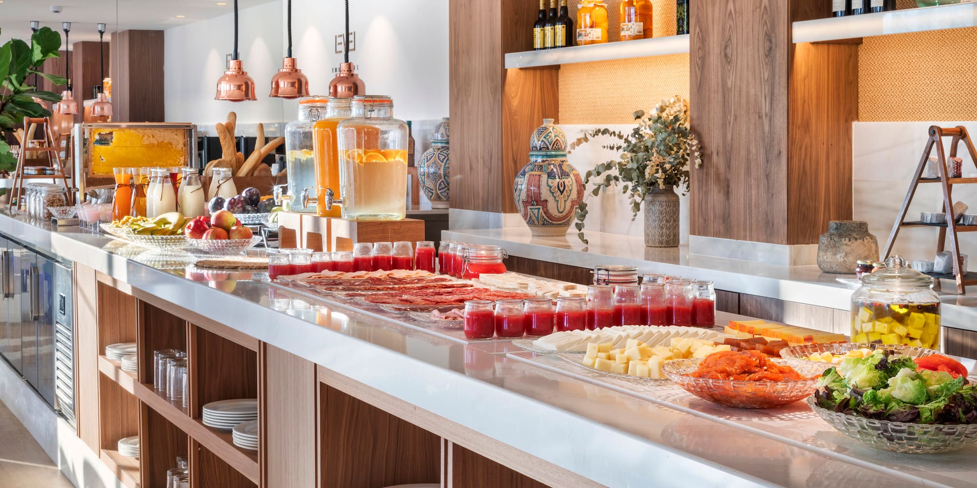 a buffet with food on the counter