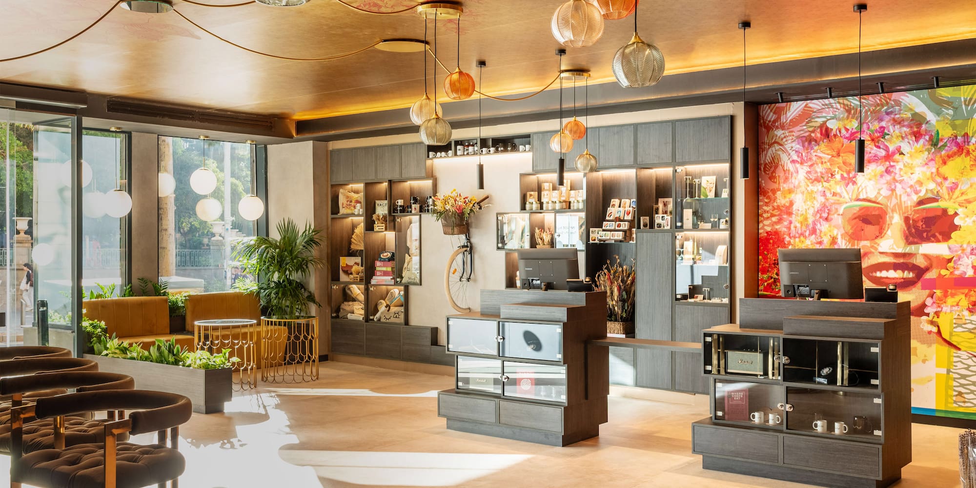 a room with shelves and lights